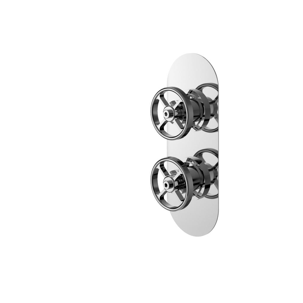 Valve thermostat control panel for bathroom shower or bath installation, modern chrome fixture with dual control dials.