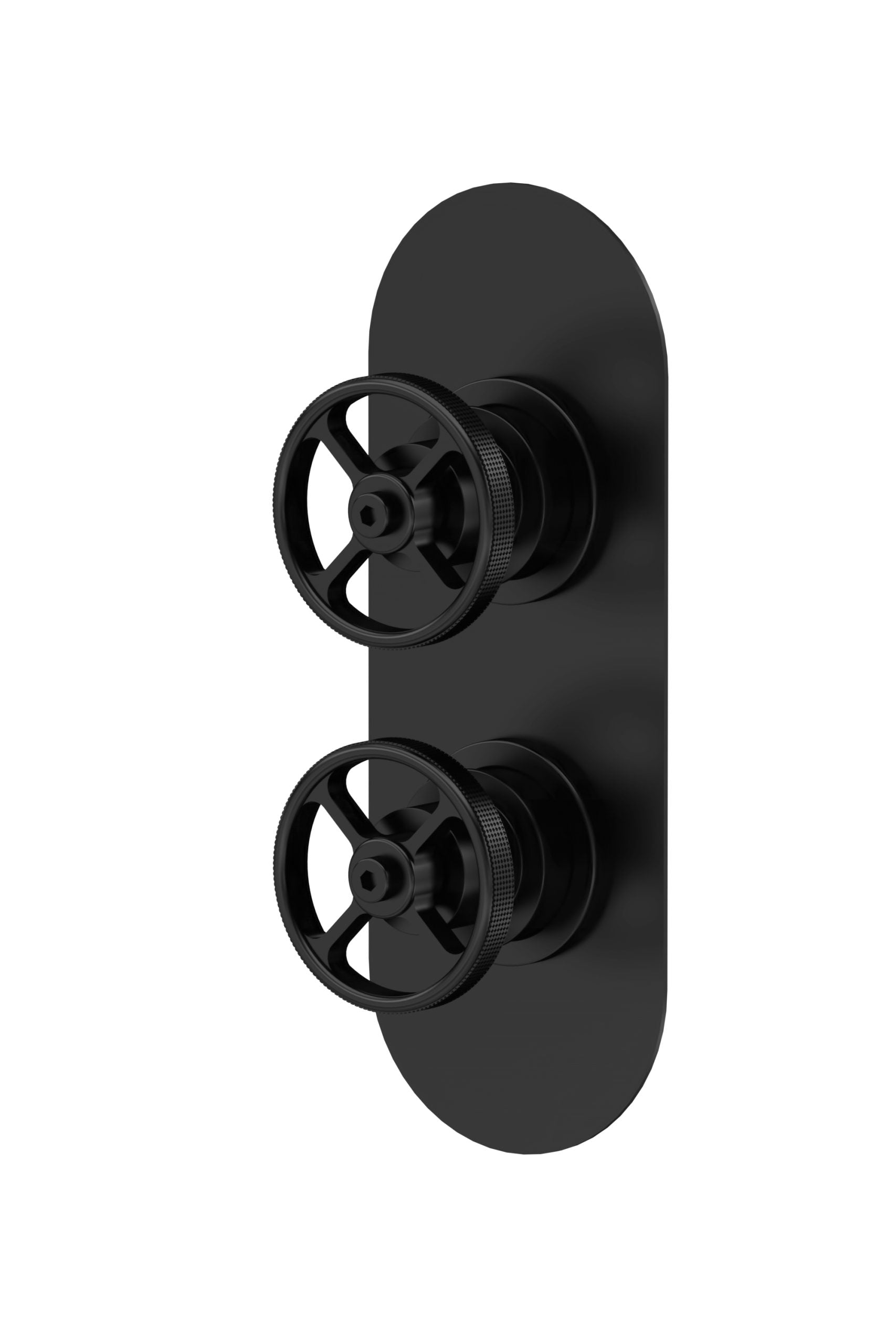 Modern black shower valve with dual controls for precise temperature and water flow regulation, designed for stylish and functional bathroom upgrades.