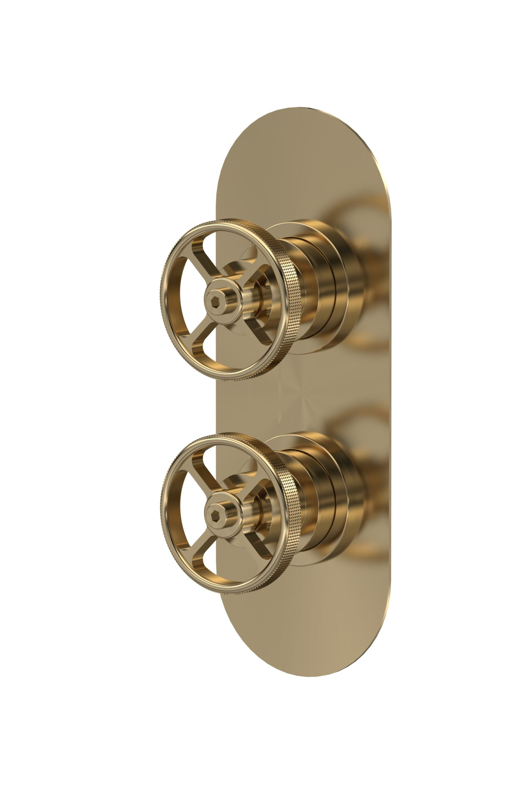 Brass dual valve control panel for shower or bathroom plumbing system, modern plumbing fixture component, gold finish.
