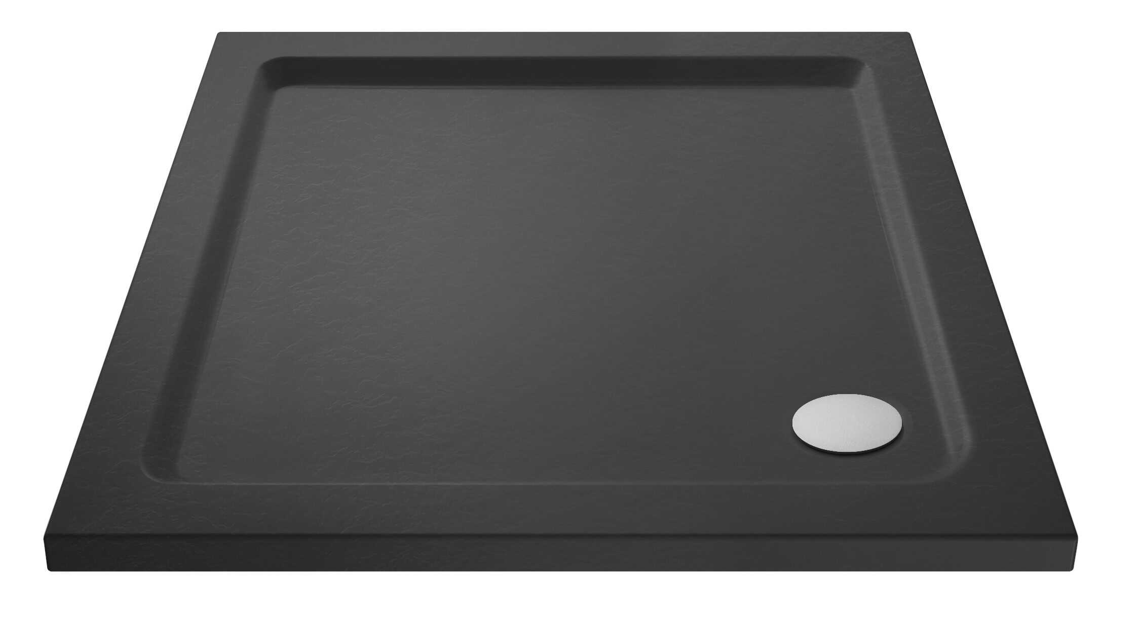 Dark grey rectangular ceramic bathroom shower tray with a rounded drain hole corner, designed for modern bathroom suites.