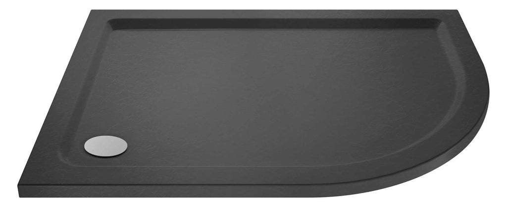 Sleek black shower tray with a minimalist design, perfect for modern bathrooms, featuring durable material and easy drainage. Ideal for contemporary bathroom refurbishments and installations.