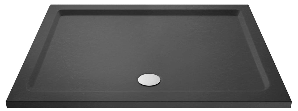 Sleek black bathroom shower tray with integrated drain, modern design for stylish and functional wet room solutions. Durable, easy to clean, perfect for contemporary bathroom renovations.