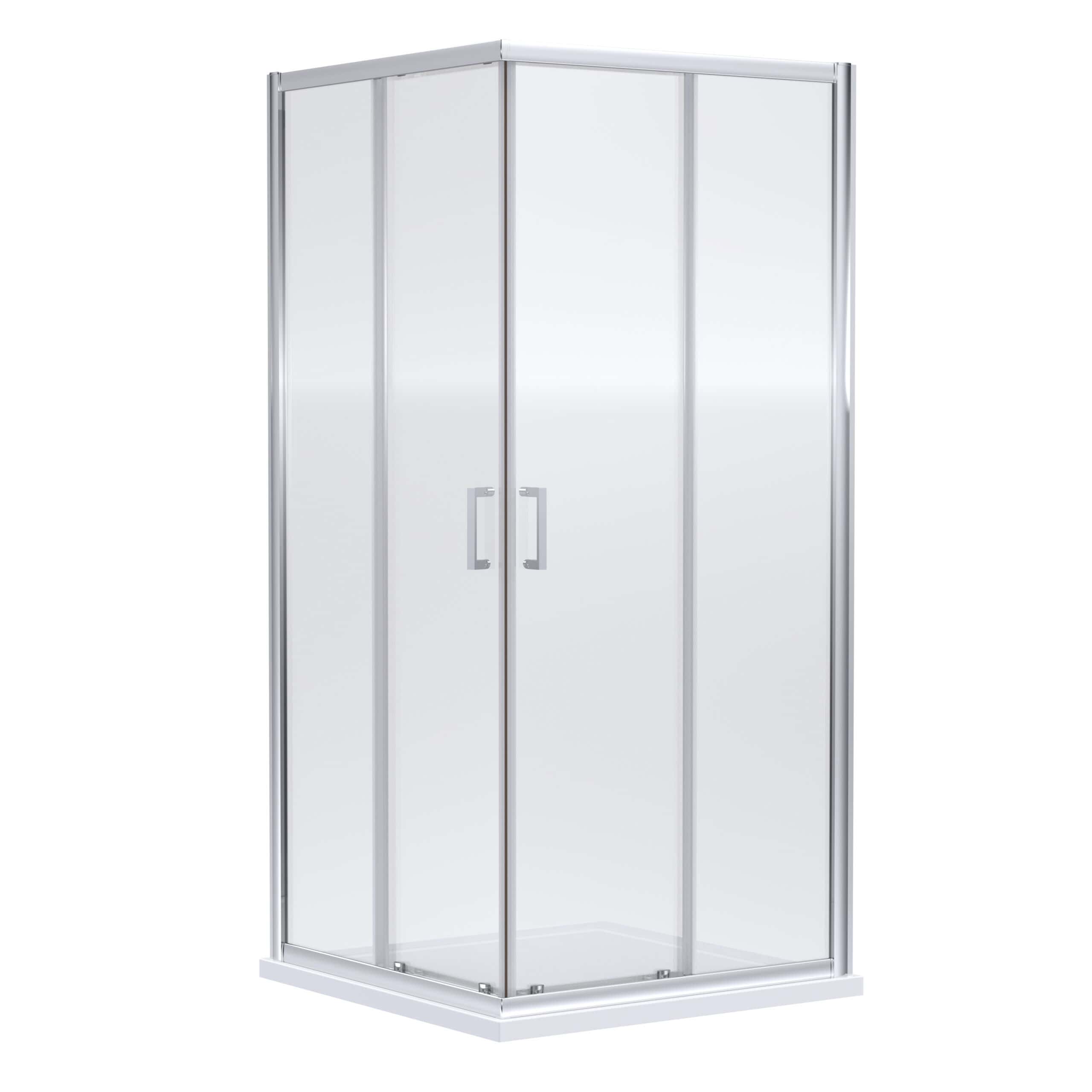 Shower enclosure with clear glass panels and silver frame for modern bathroom interiors.