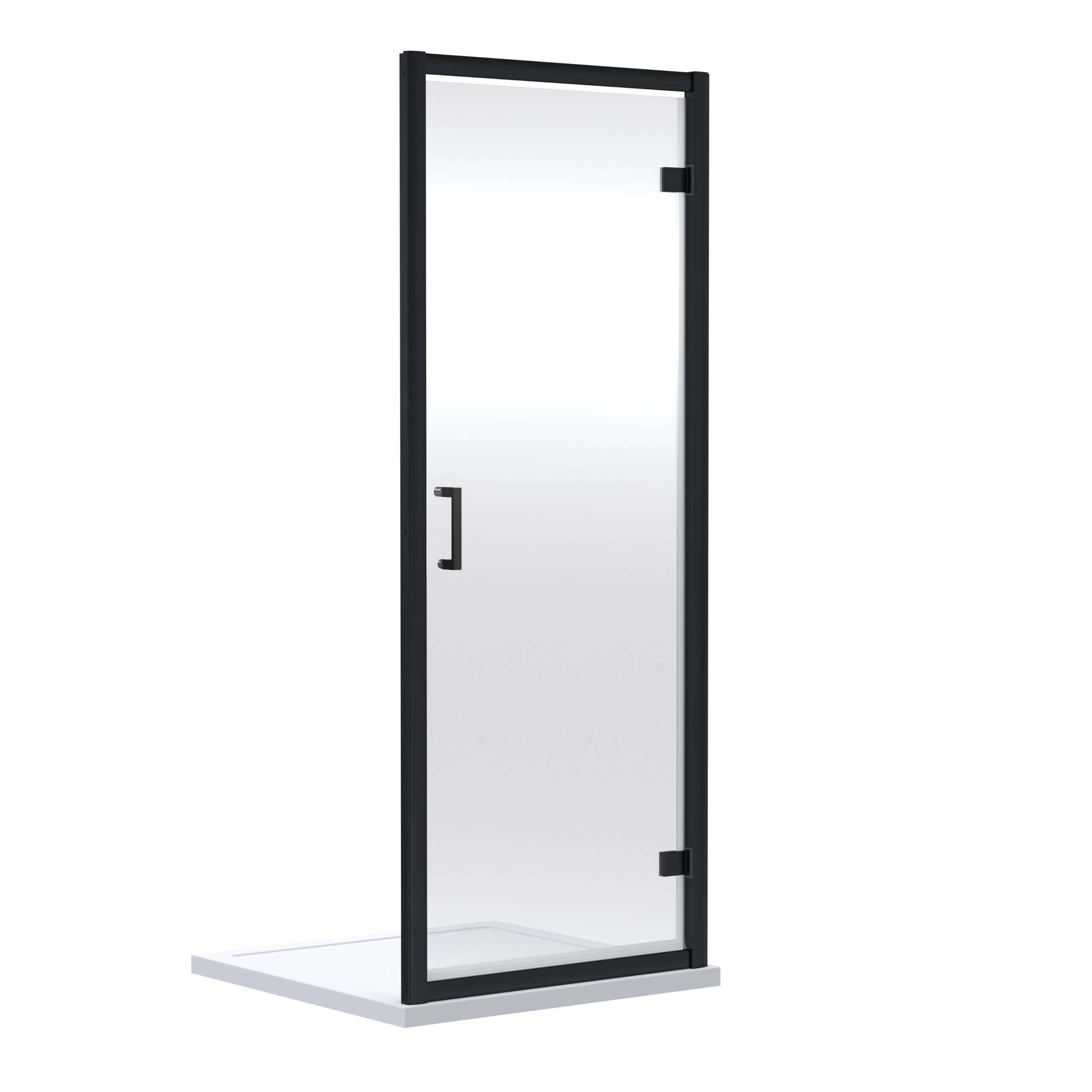 Glass shower enclosure with black frame for modern bathroom design.