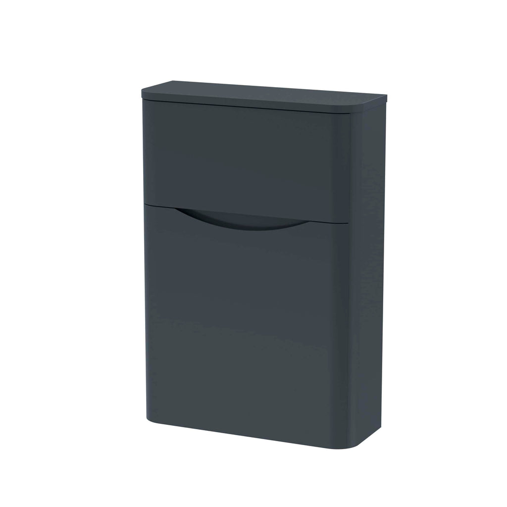 Slender dark grey bathroom cabinet with two compartments, sleek modern design, ideal for bathroom storage solutions.