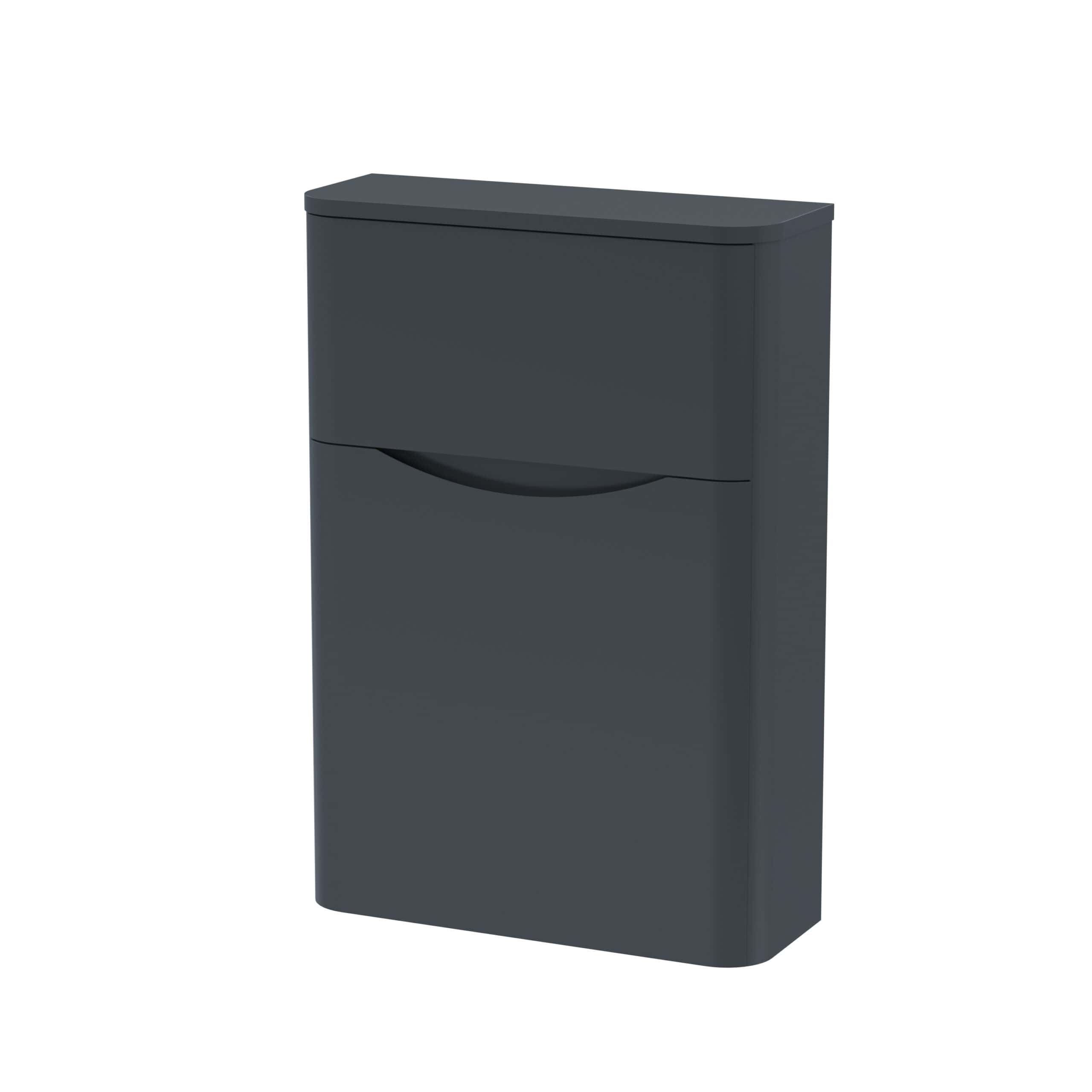 Slender dark grey bathroom cabinet with two compartments, sleek modern design, ideal for bathroom storage solutions.