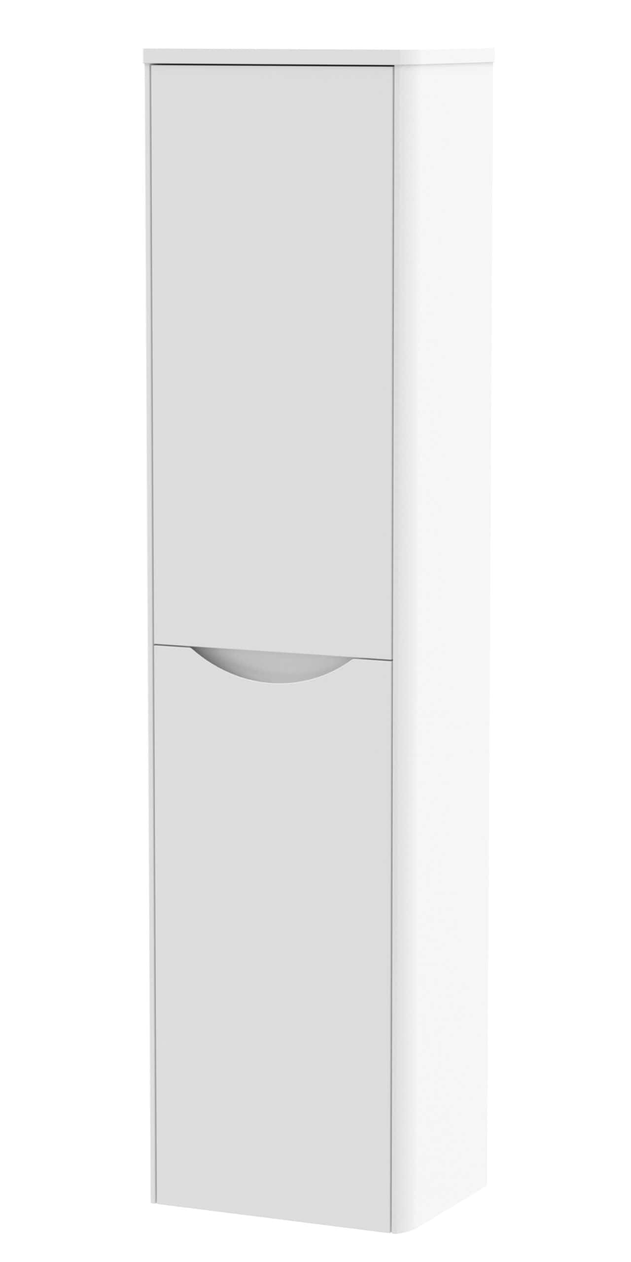 White bathroom storage cabinet with a curved handle, ideal for organising bathroom essentials, modern design, and space-saving solution. Perfect for sleek, contemporary bathroom interiors.