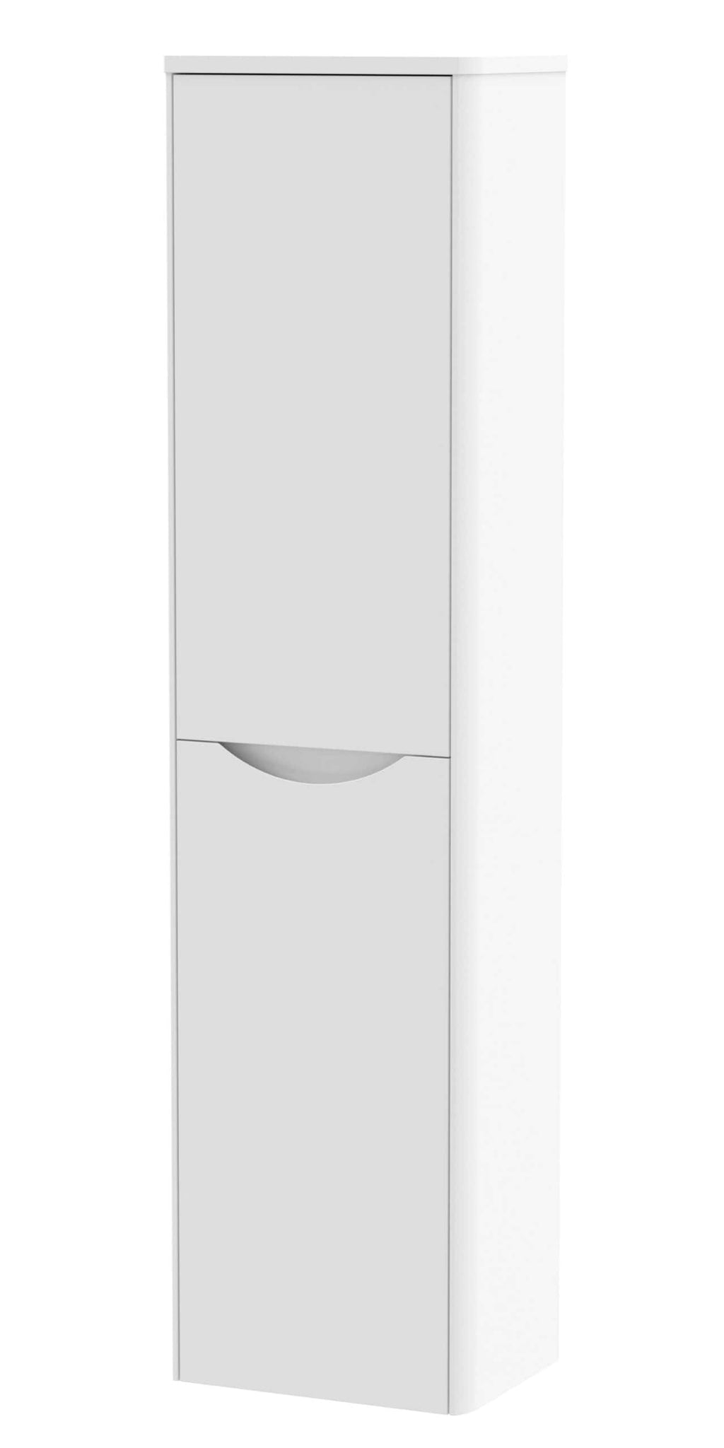 White bathroom storage cabinet with a curved handle, ideal for organising bathroom essentials, modern design, and space-saving solution. Perfect for sleek, contemporary bathroom interiors.