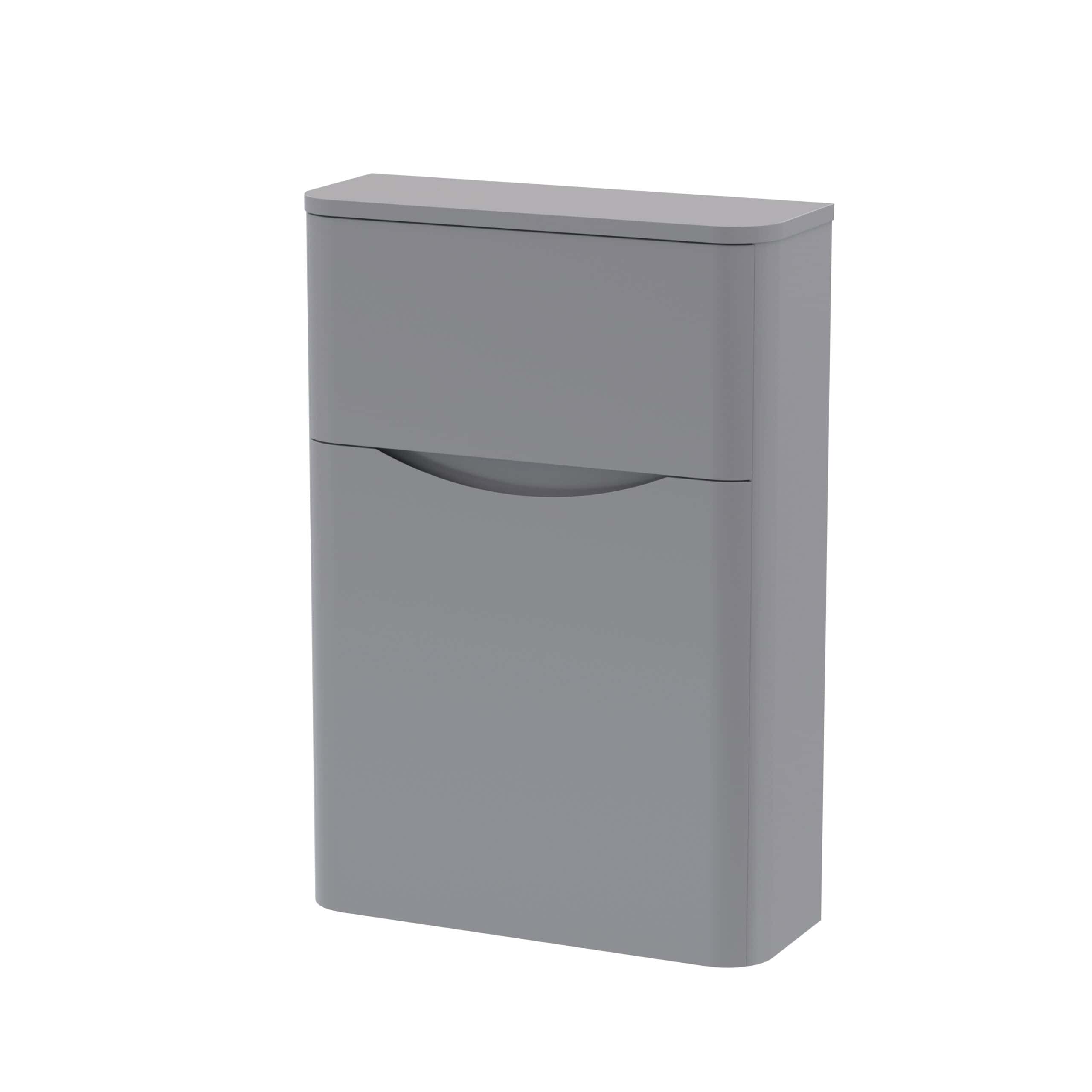 Modern grey bathroom storage cabinet with sleek curved handle and minimalist design, ideal for contemporary bathroom organisation and space-saving solutions.