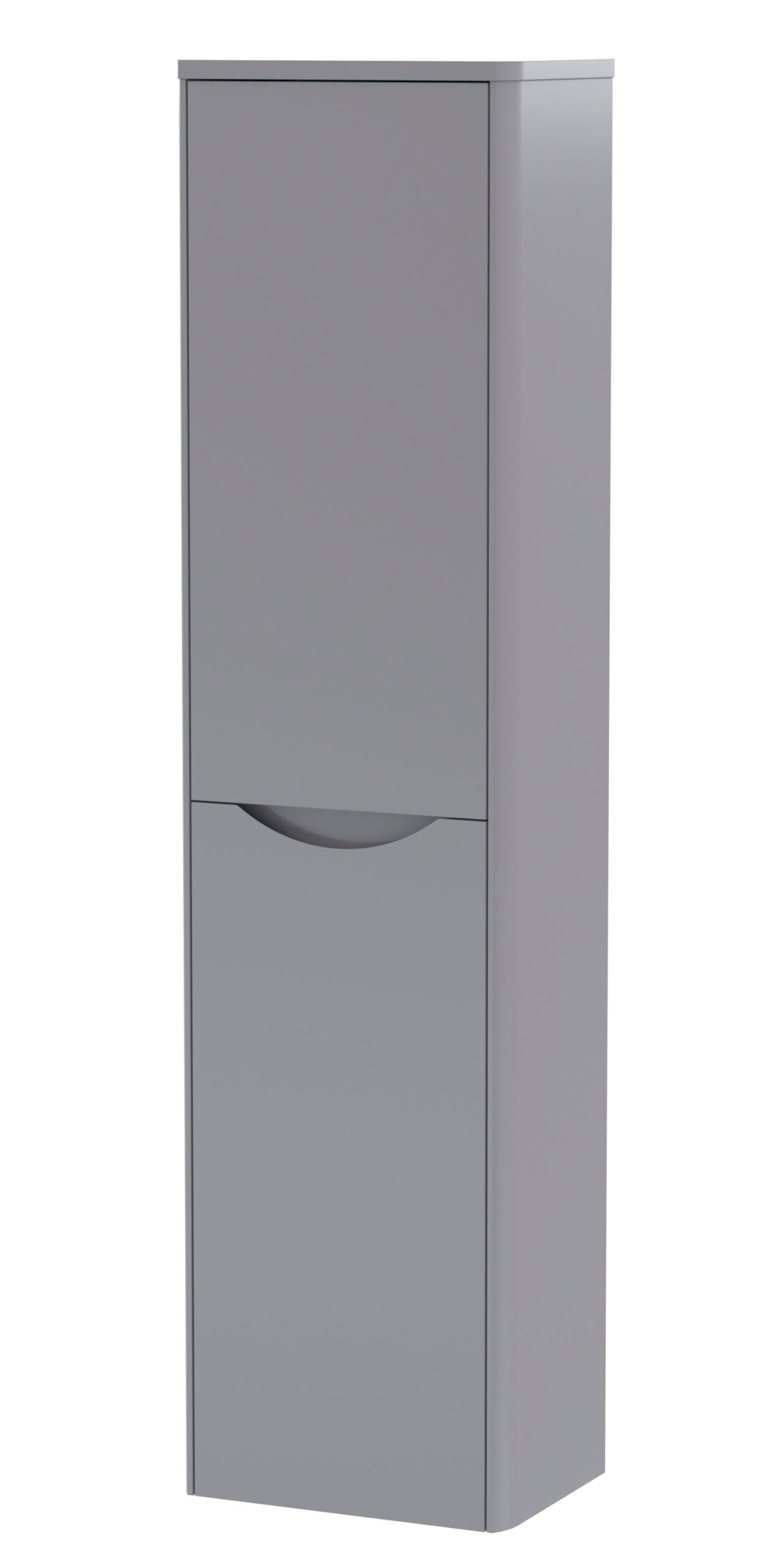 Sleek grey bathroom storage cabinet with a modern design, ideal for small bathrooms, providing functional organisation and contemporary aesthetic.