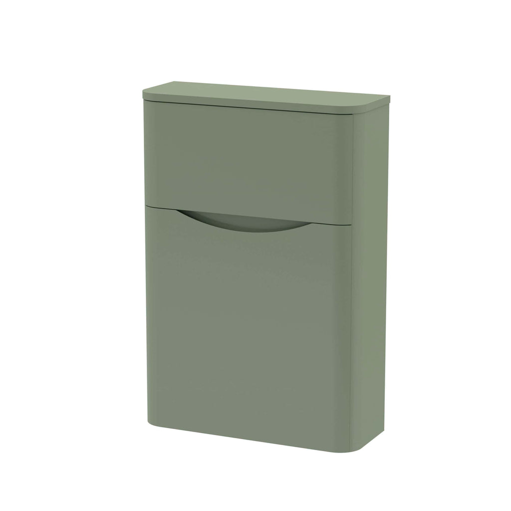 Modern green bathroom cabinet with sleek curved handle for stylish bathroom storage.