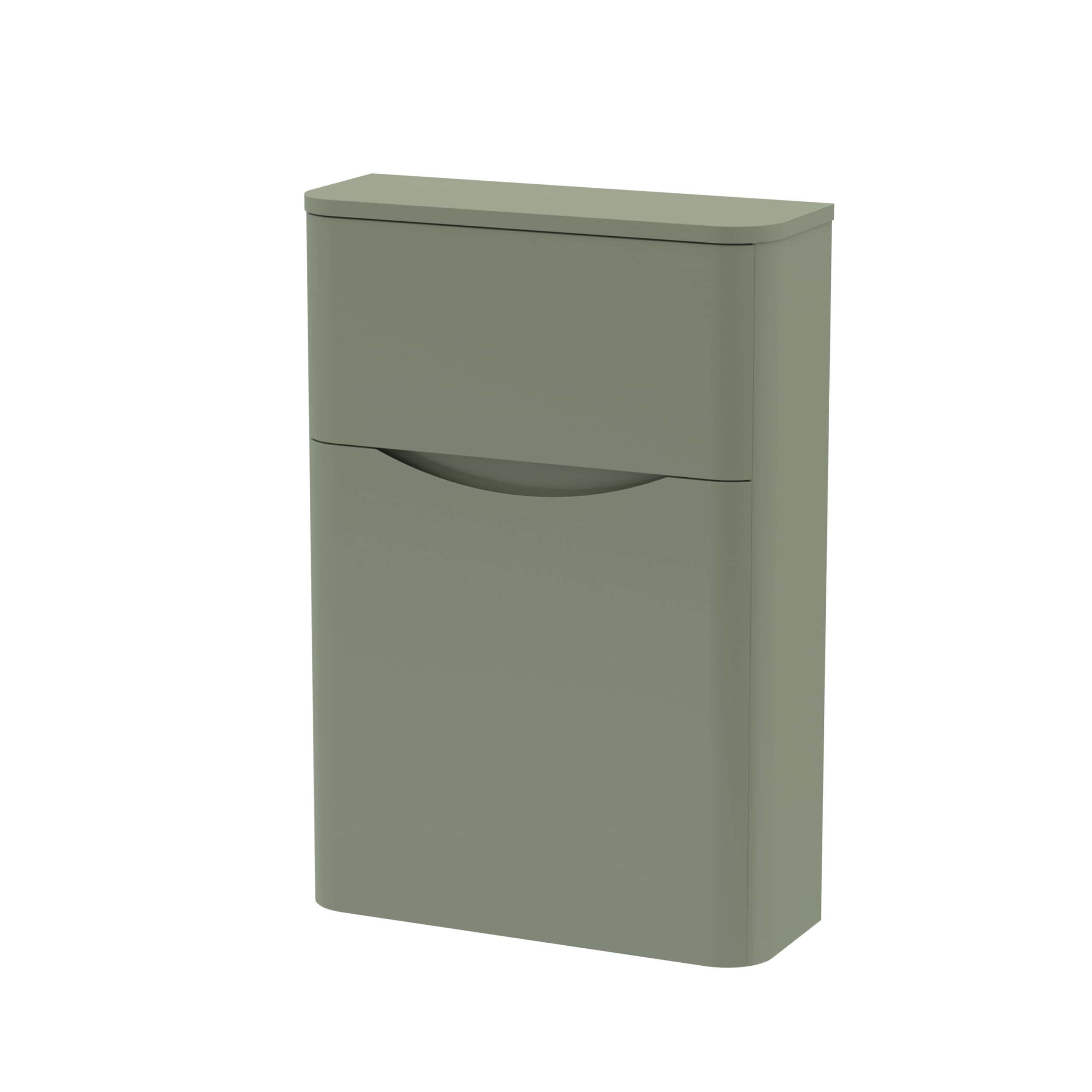 Modern green bathroom cabinet with sleek curved handle for stylish bathroom storage.