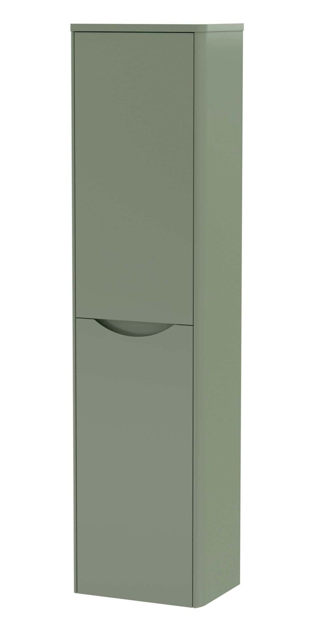Sleek green bathroom storage cabinet with a curved handle, ideal for modern bathrooms, providing organised storage space for toiletries and essentials.