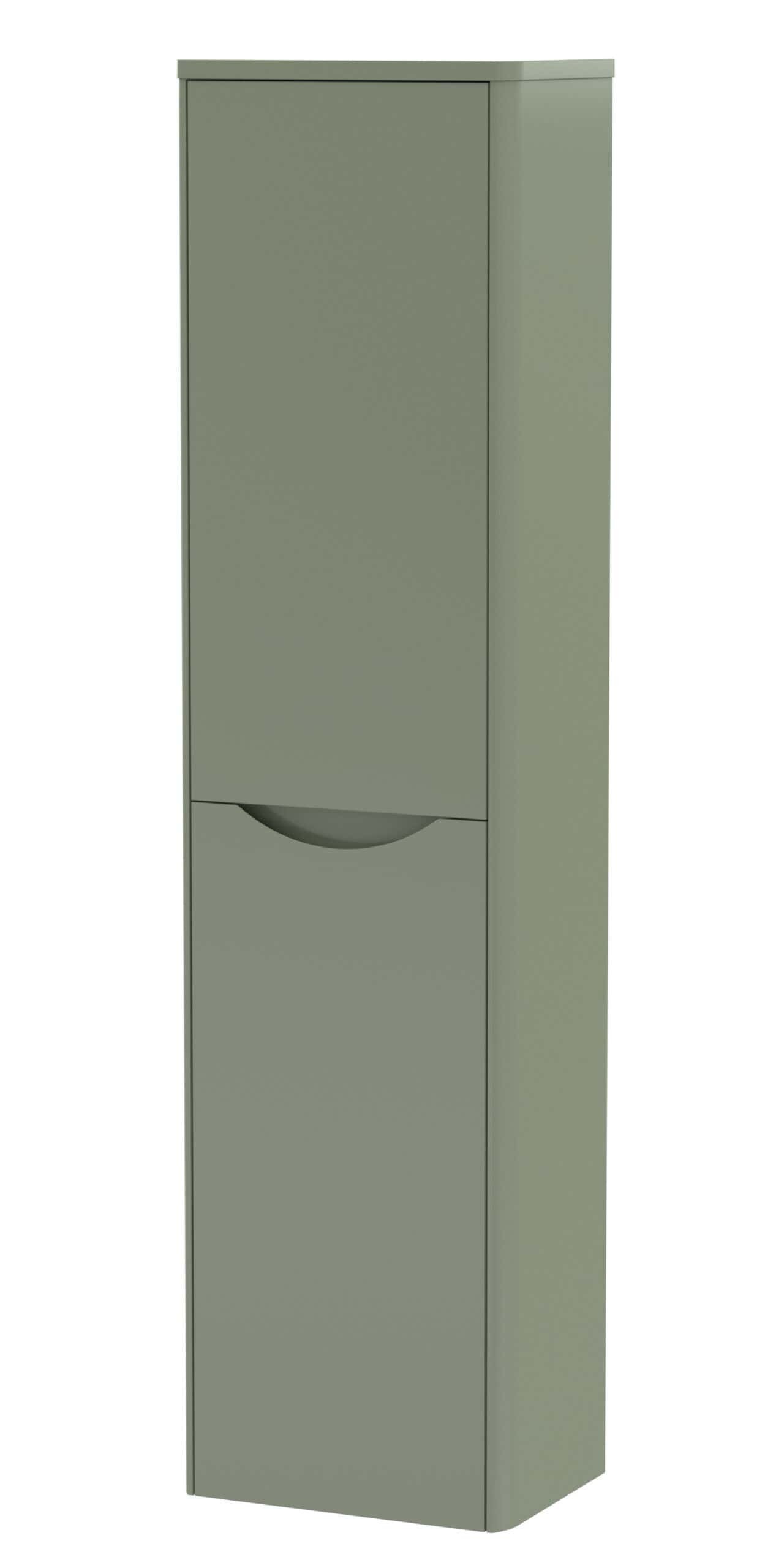 Sleek green bathroom storage cabinet with a curved handle, ideal for modern bathrooms, providing organised storage space for toiletries and essentials.