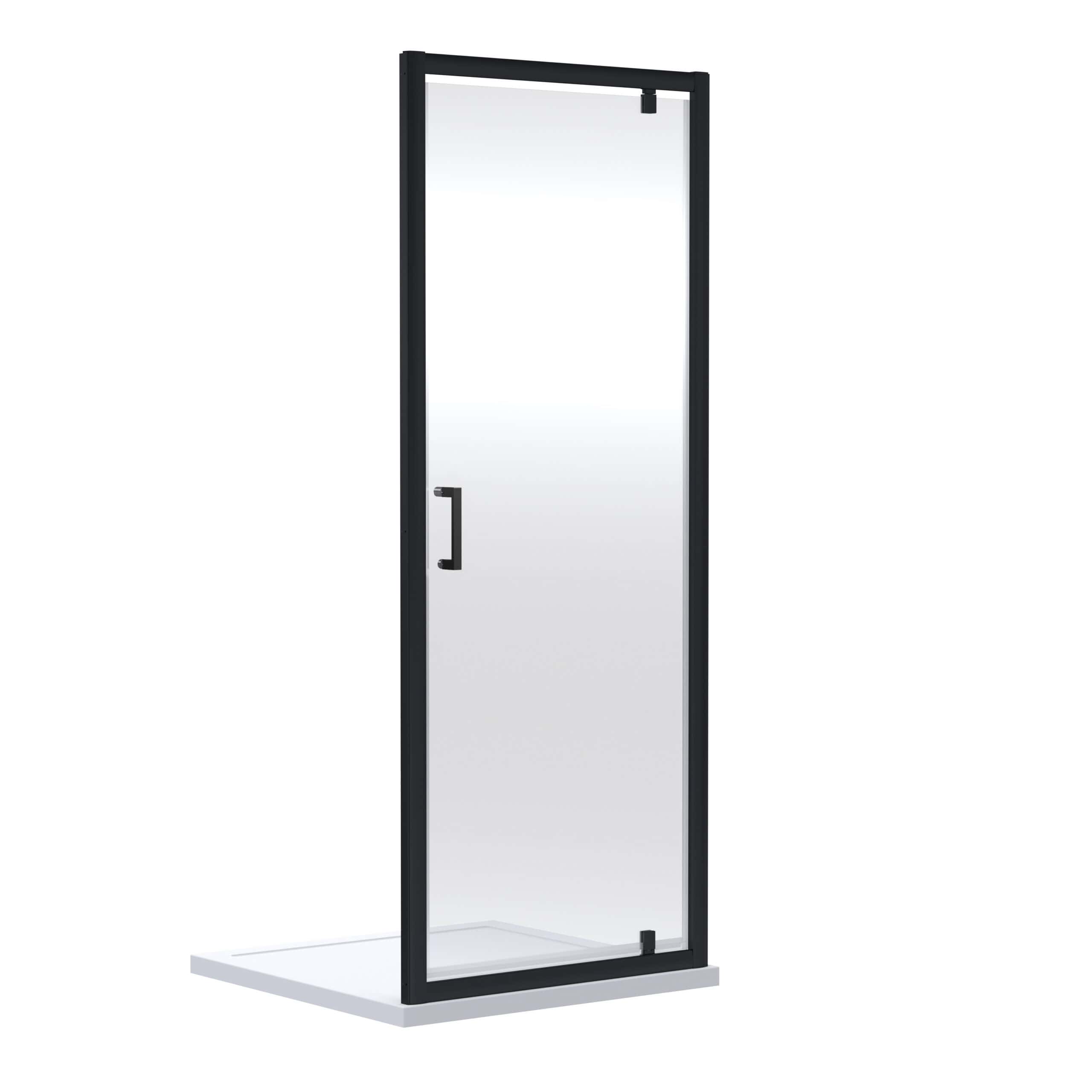 Clear glass shower door with black aluminium frame, including handle, for modern bathroom design and shower enclosure solutions.