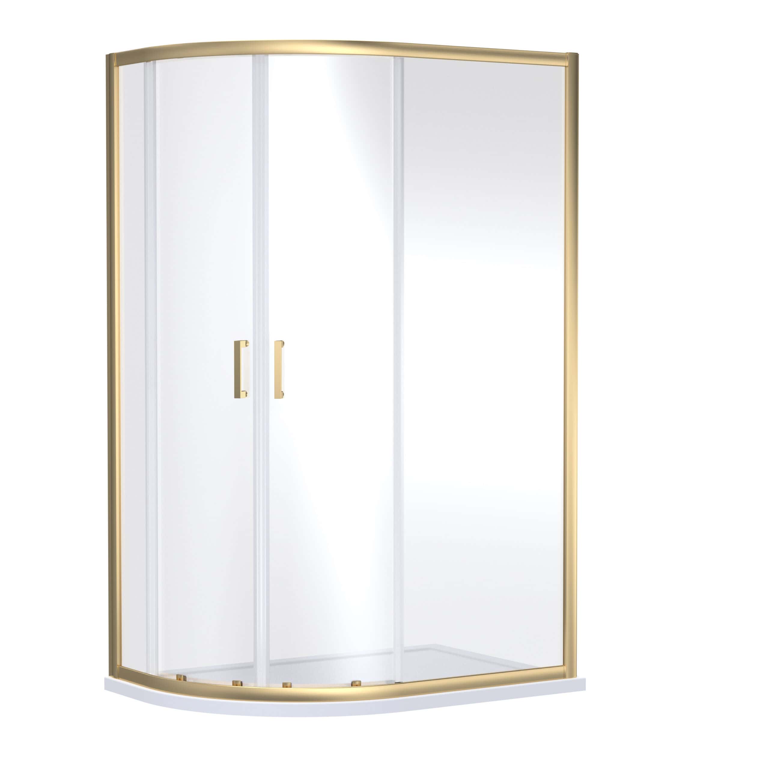 Frameless curved glass shower enclosure with gold accents from Bubly Bathrooms, designed for modern bathrooms, providing a sleek and elegant shower solution.