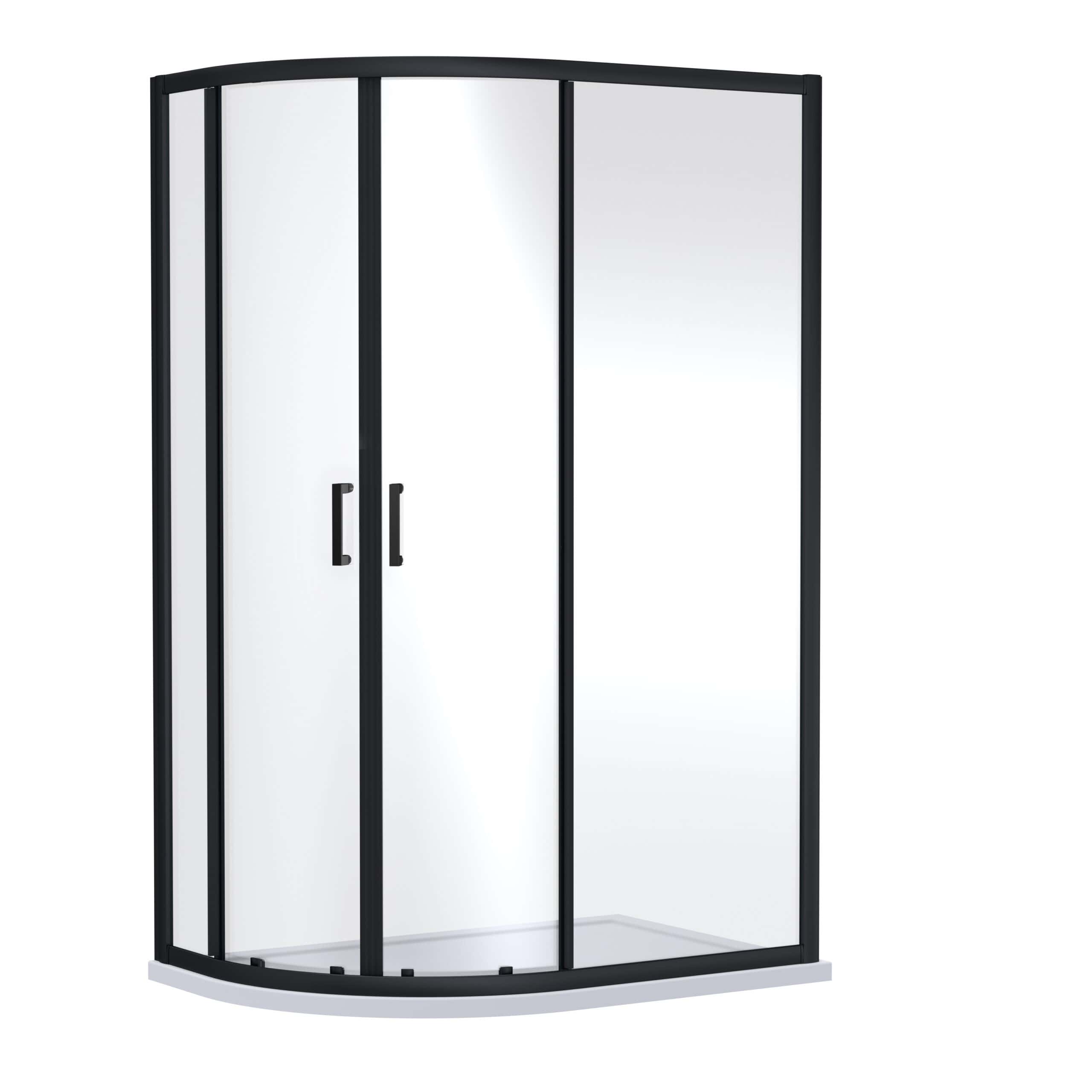 Shower enclosure with black frame and glass doors for modern bathrooms. Suitable for bathroom renovations and stylish wet room designs. High-quality shower cubicle with sleek finish.