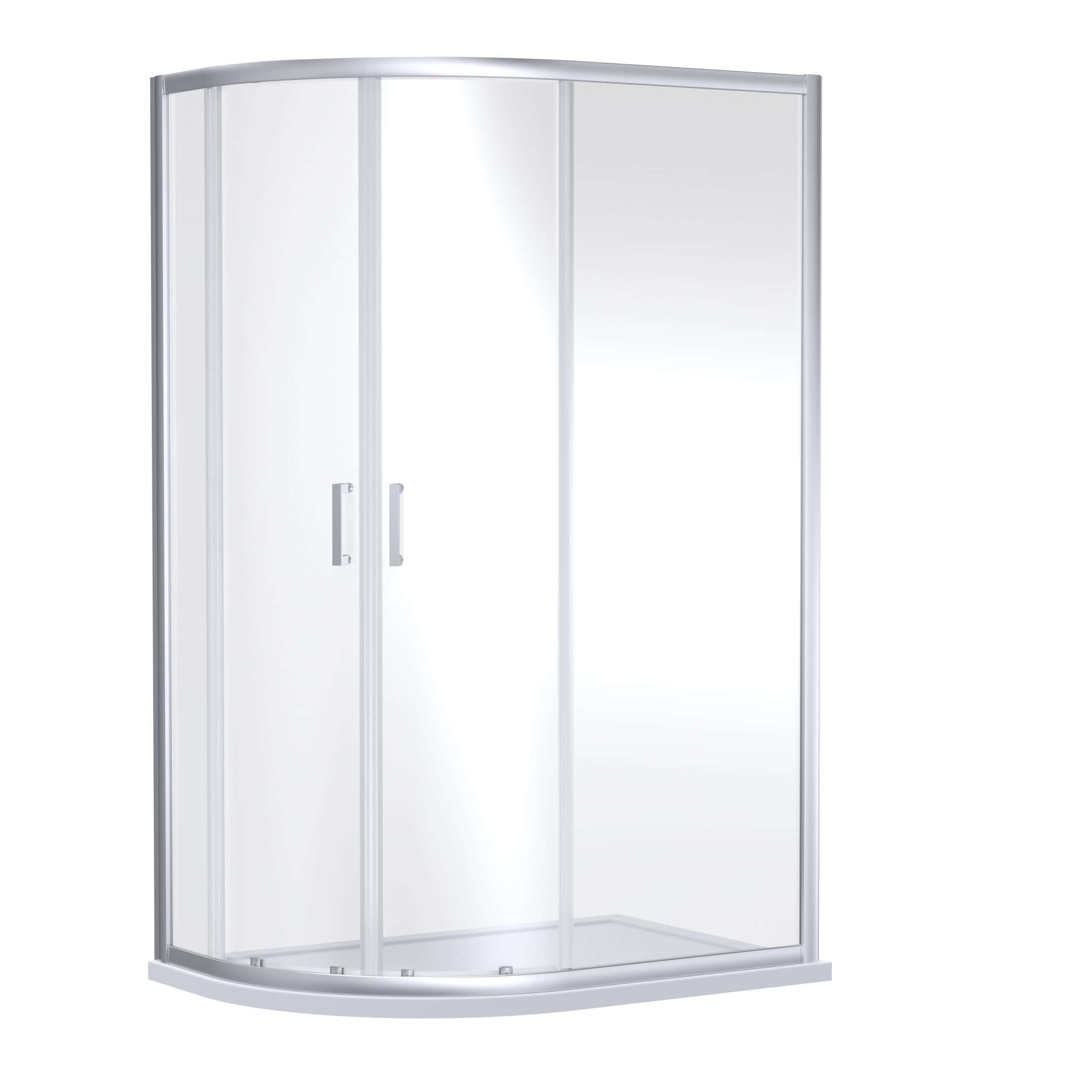 Elegant white corner shower enclosure with sliding glass doors, ideal for modern bathroom renovations and space-saving designs. Perfect for a sleek, functional shower experience.