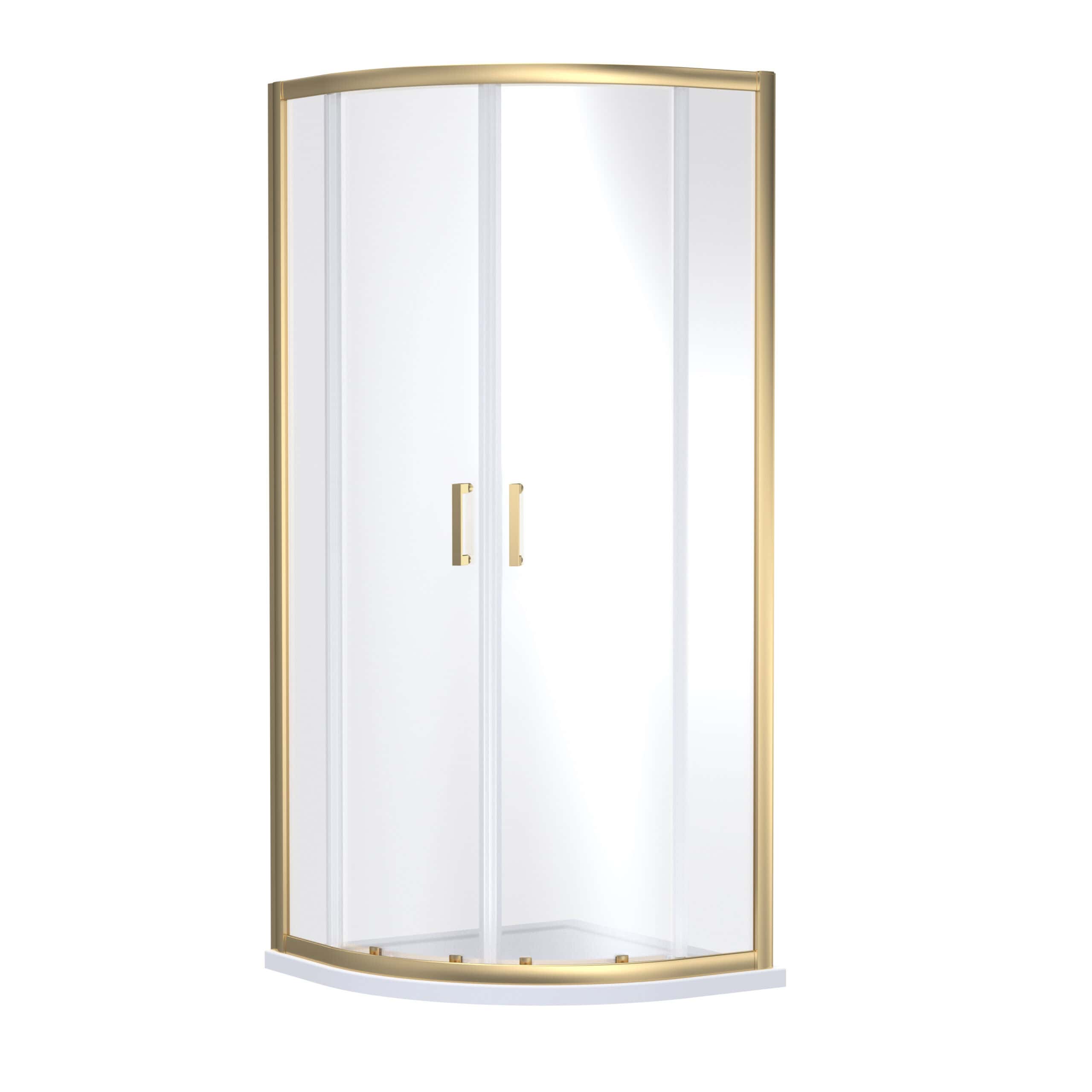 Sleek corner shower enclosure with gold accents, designed for modern bathroom spaces, providing a stylish and functional shower solution. Ideal for upgrading your ensuite or main bathroom.