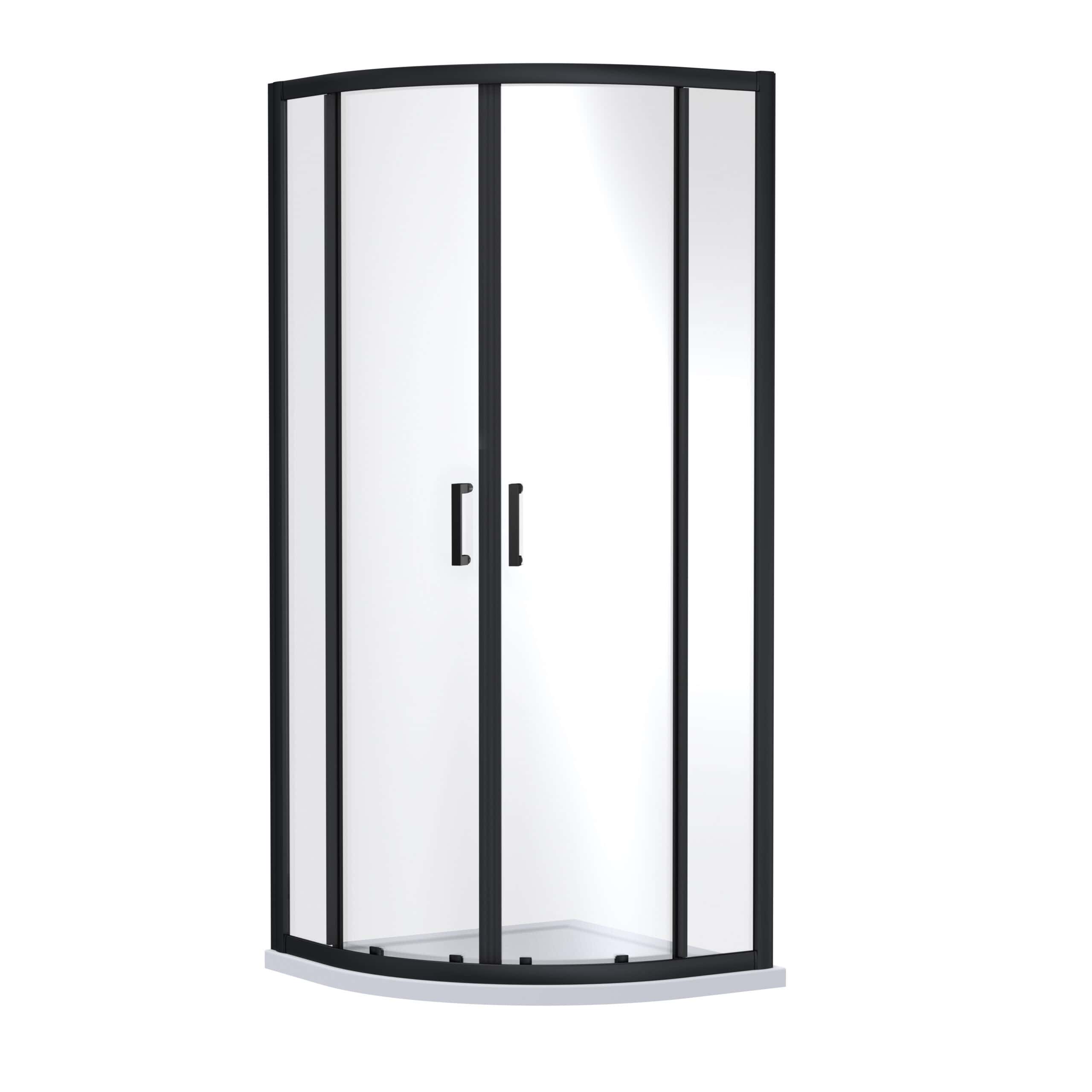 Luxury black-framed corner shower enclosure with frosted glass panels, providing a sleek and modern design for Bubly Bathrooms. Perfect for stylish bathroom upgrades.