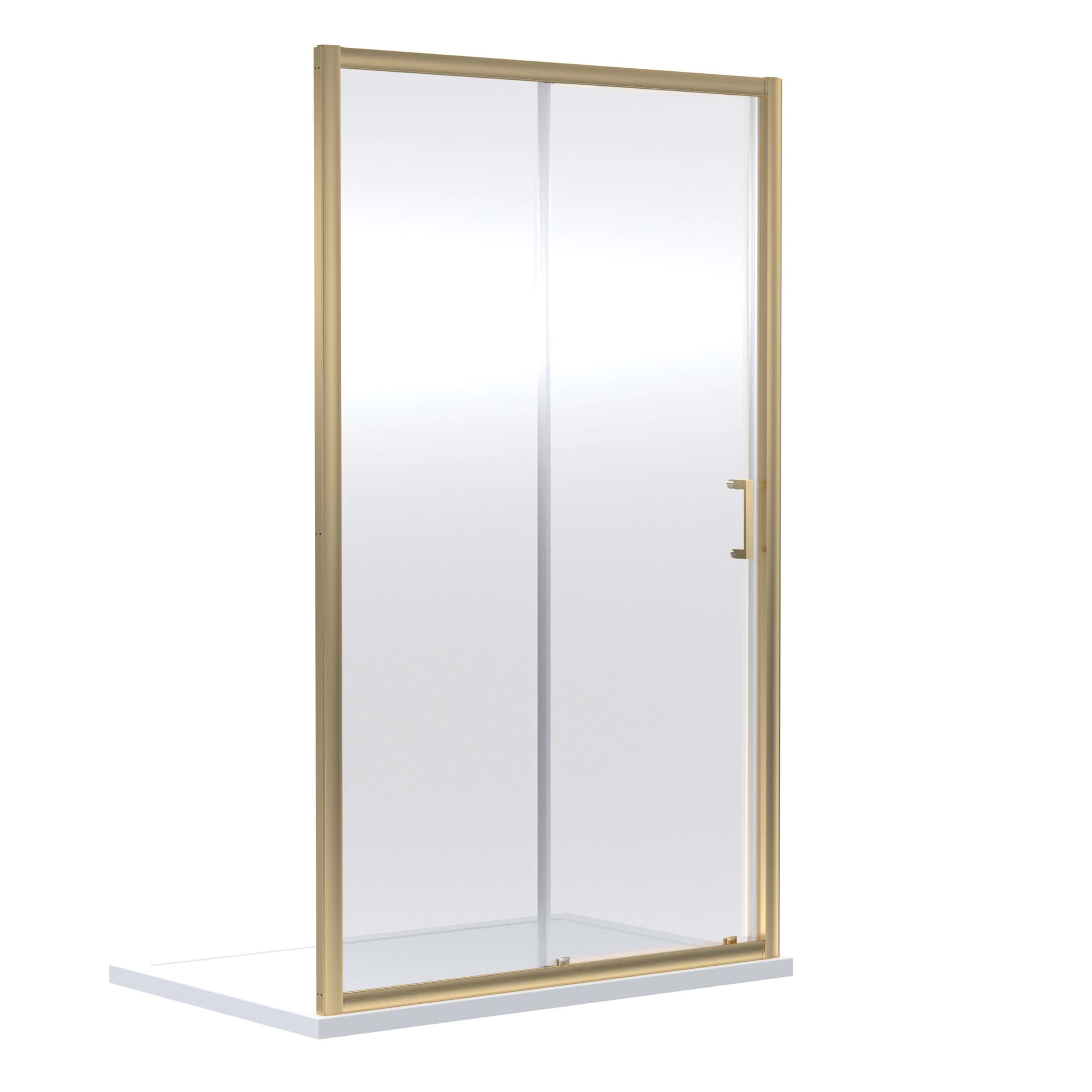 Shower enclosure with gold aluminium frame and clear glass panels for modern, stylish bathroom design. Suitable for walk-in showers and easy to install in contemporary bathrooms.