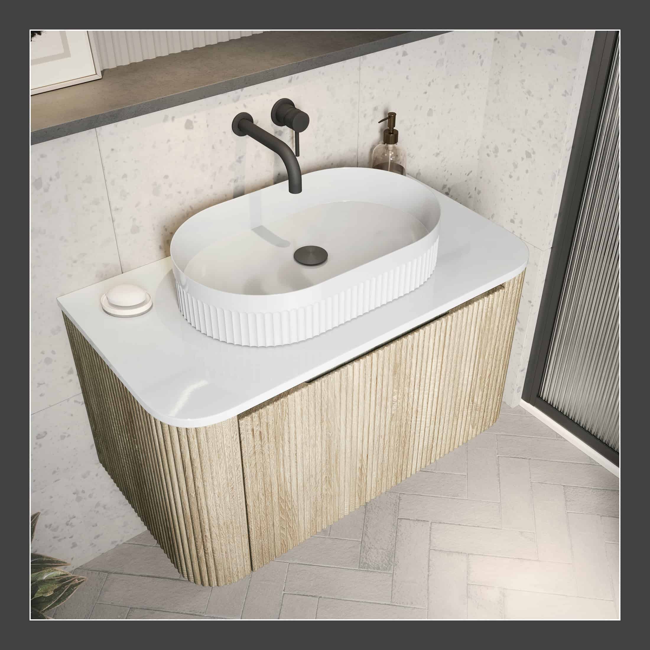 Elegant bathroom vanity with a modern, ribbed wooden cabinet and a sleek white oval sink, perfect for stylish bathroom vanity units and contemporary bathroom decor.