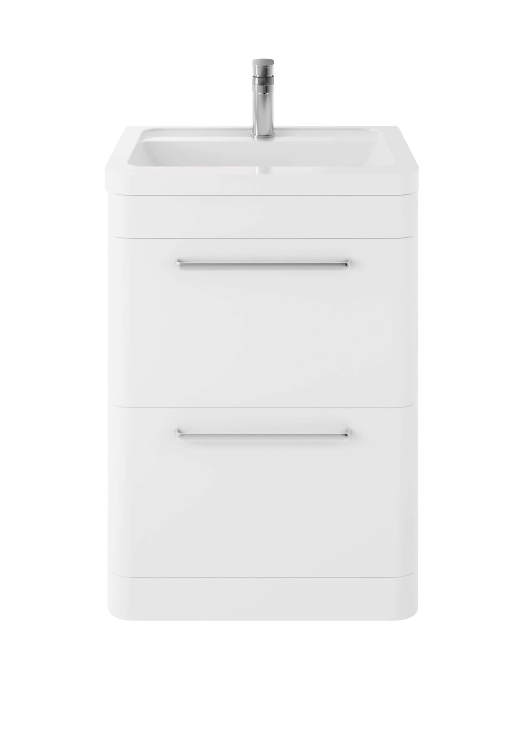 White bathroom vanity with integrated sink and chrome tap, modern bathroom furniture with storage drawers, perfect for contemporary bathroom renovations.
