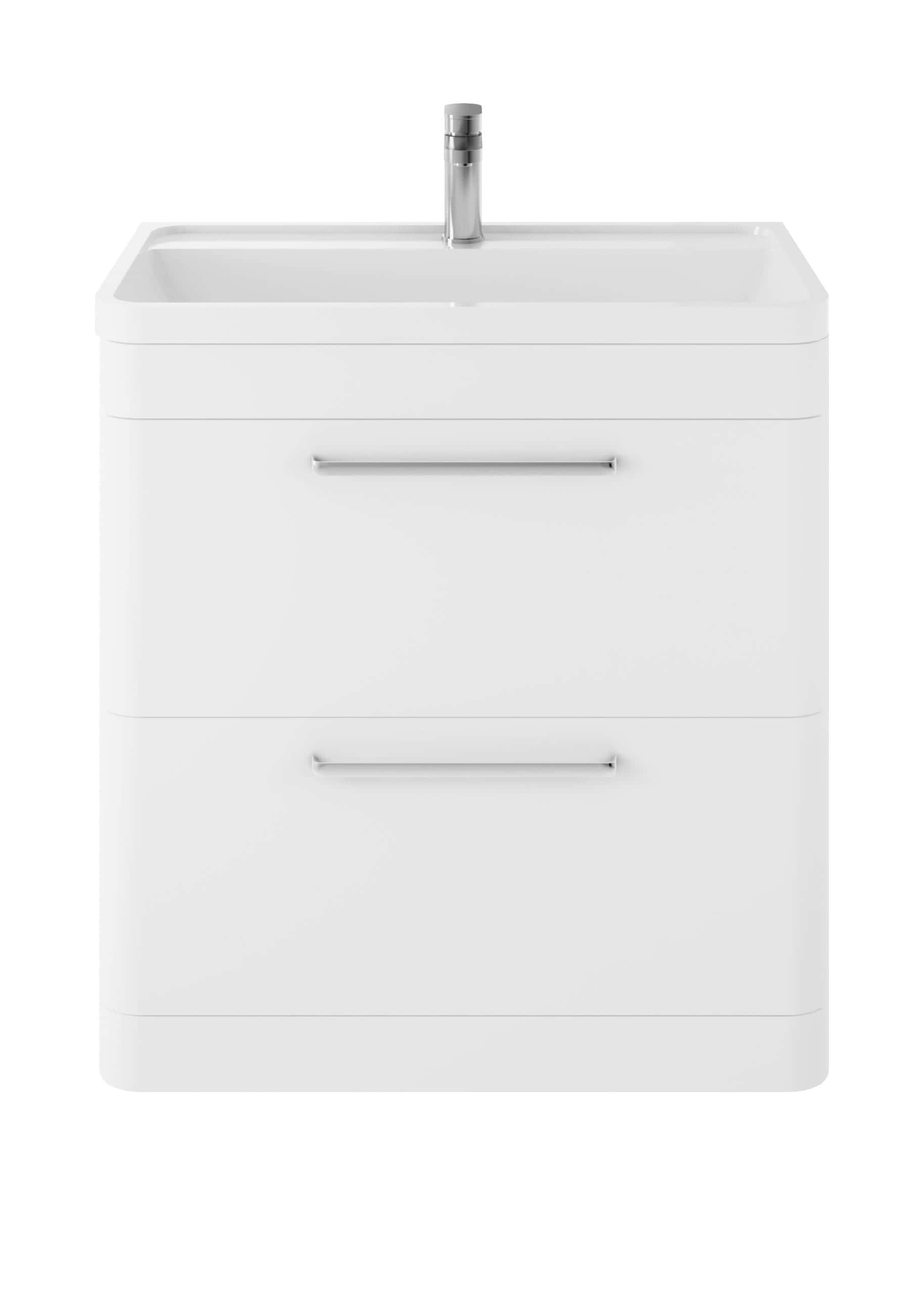 Sleek white bathroom vanity unit with integrated sink, modern chrome handles, and ample storage space for bathroom essentials. Perfect for stylish and functional bathroom design.