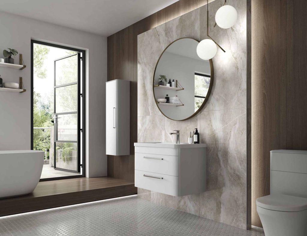 Sleek modern bathroom design with a floating vanity, large round mirror, and minimalist shelving, featuring natural light, neutral tones, and contemporary fixtures for a stylish Bubly Bathrooms look.