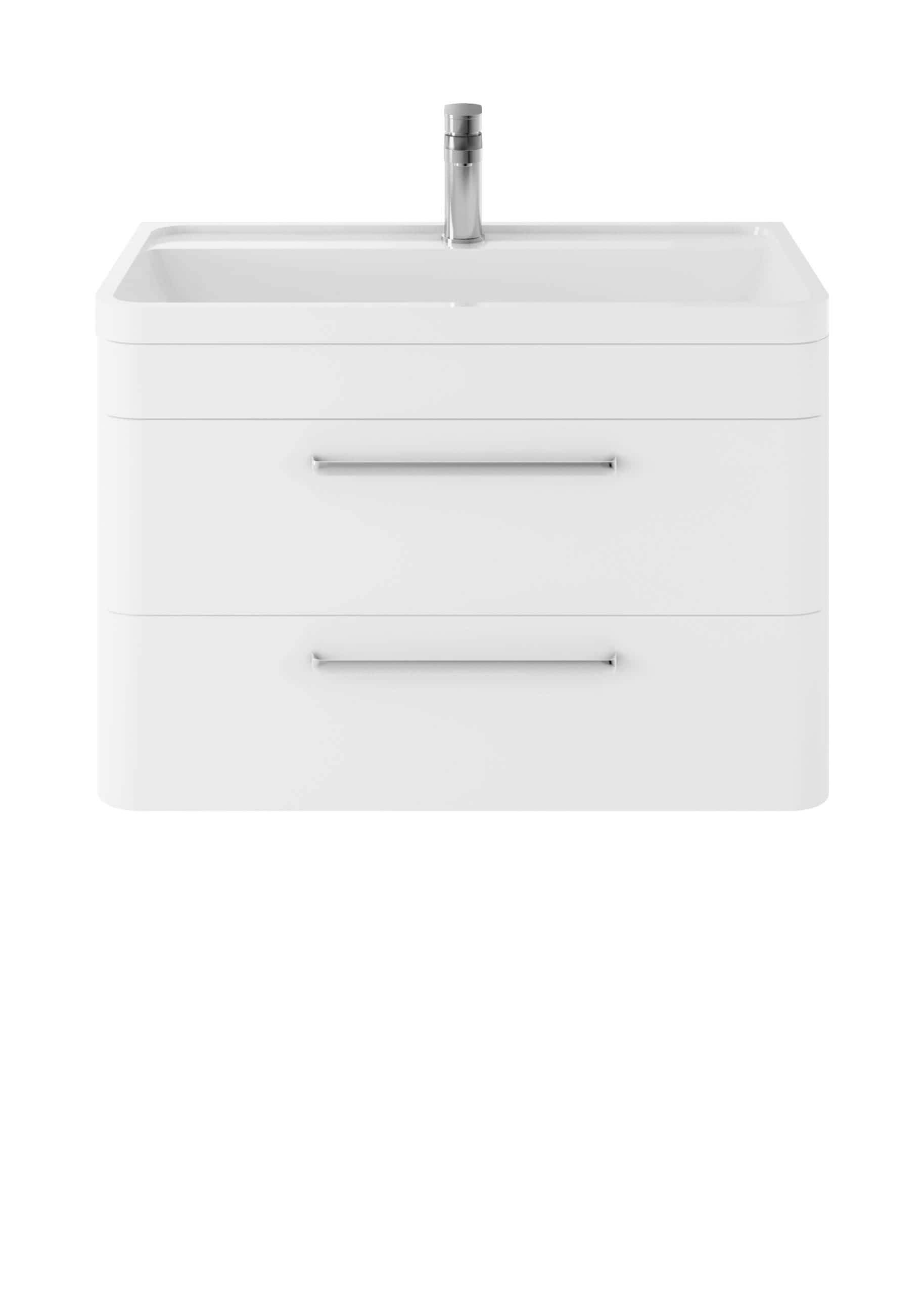 Empty white bathroom vanity with drawers and a integrated sink, modern bathroom storage furniture from Bubly Bathrooms.