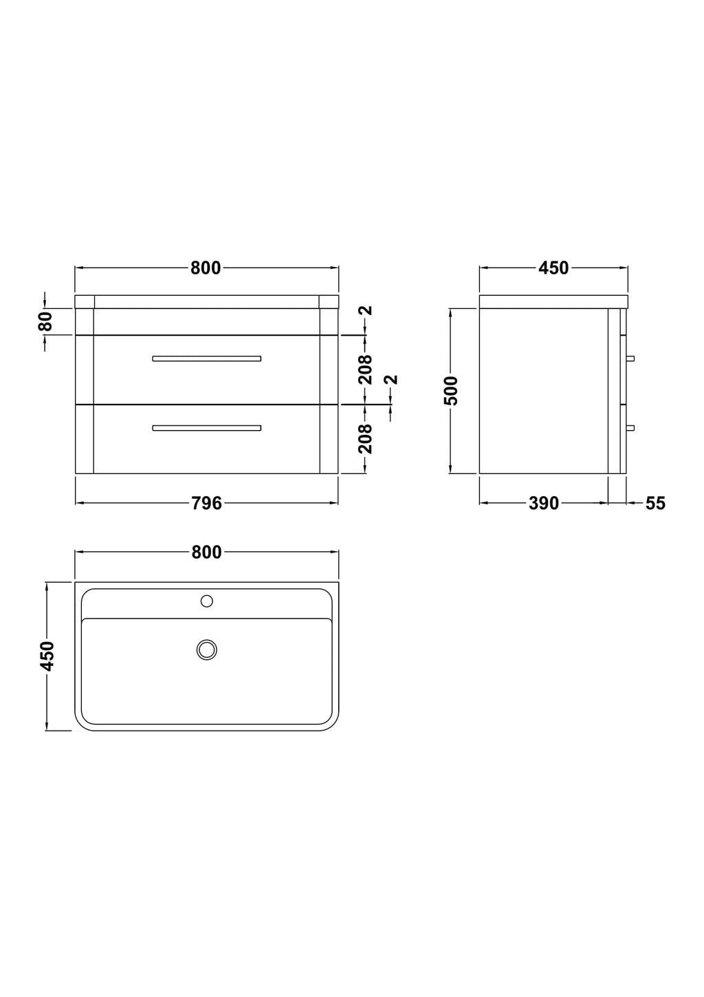 Minimalist bathroom vanity unit with drawers and modern handle design, ideal for contemporary bathroom decor. Compact size with detailed measurements for perfect fit and easy installation.