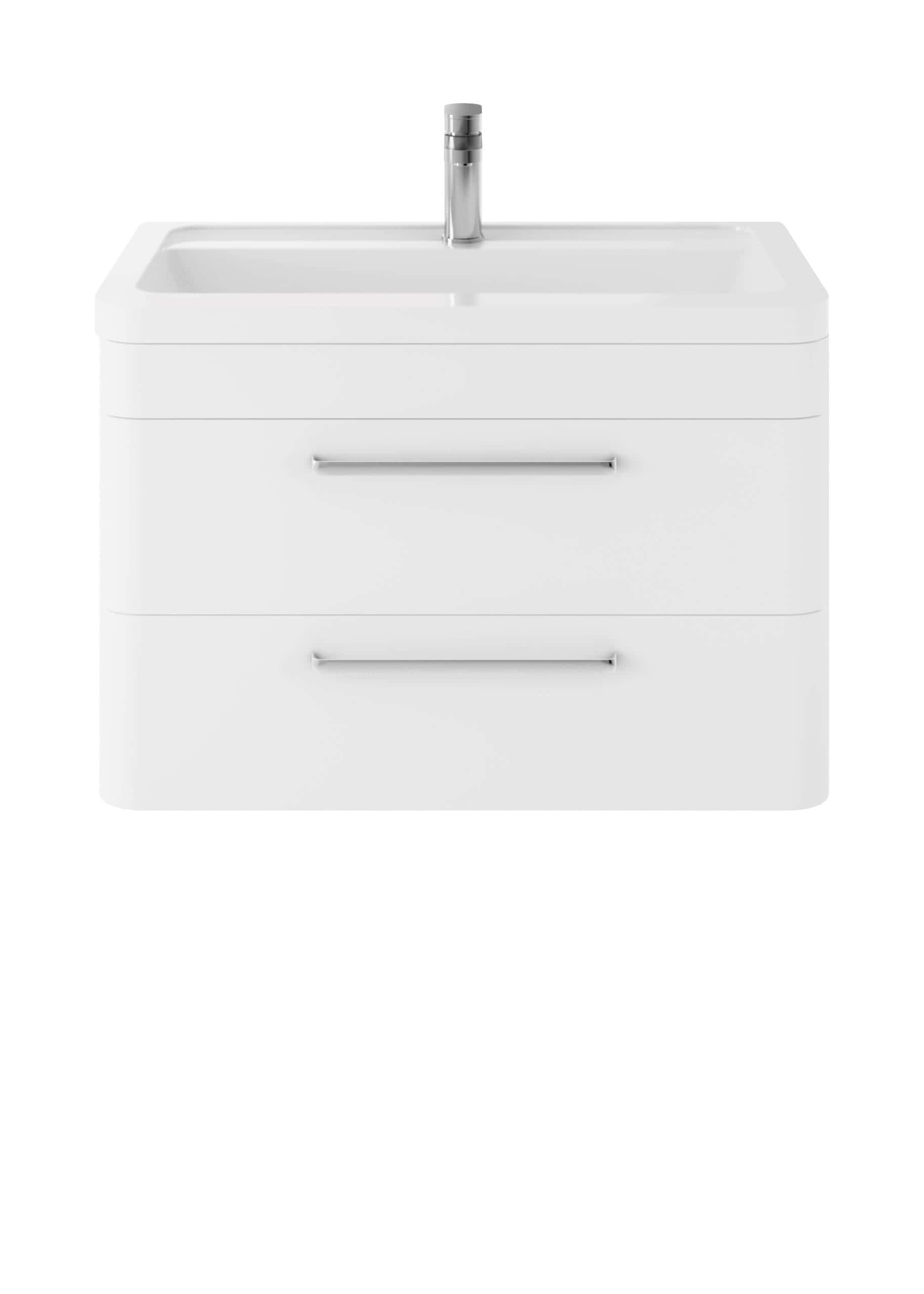 White bathroom vanity with integrated sink and modern chrome faucet, perfect for stylish bathroom upgrades.