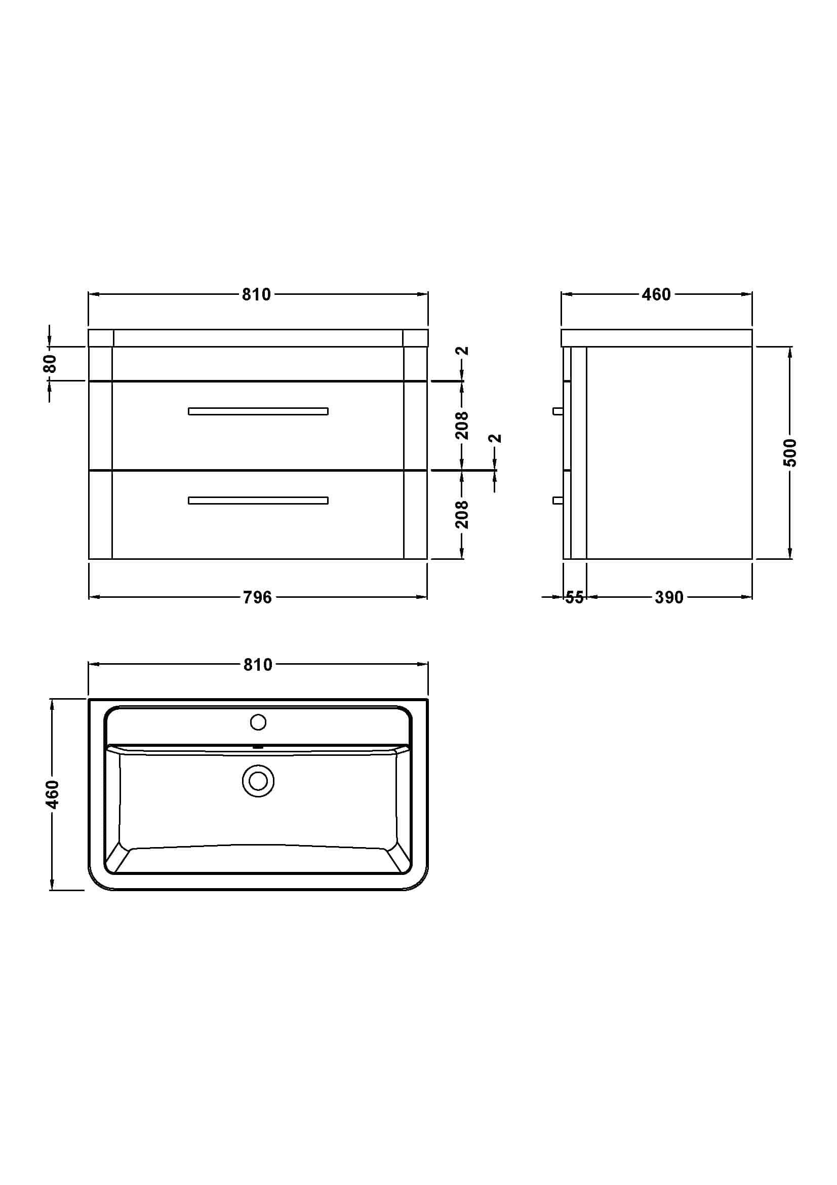Bright white bathroom vanity with sleek drawers, modern design, and ergonomic handles, perfect for contemporary bathrooms, includes detailed technical dimensions for installation.