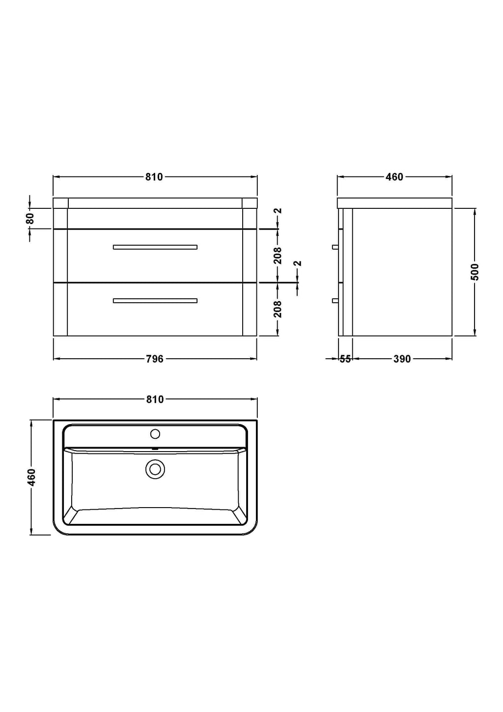 Bright white bathroom vanity with sleek drawers, modern design, and ergonomic handles, perfect for contemporary bathrooms, includes detailed technical dimensions for installation.