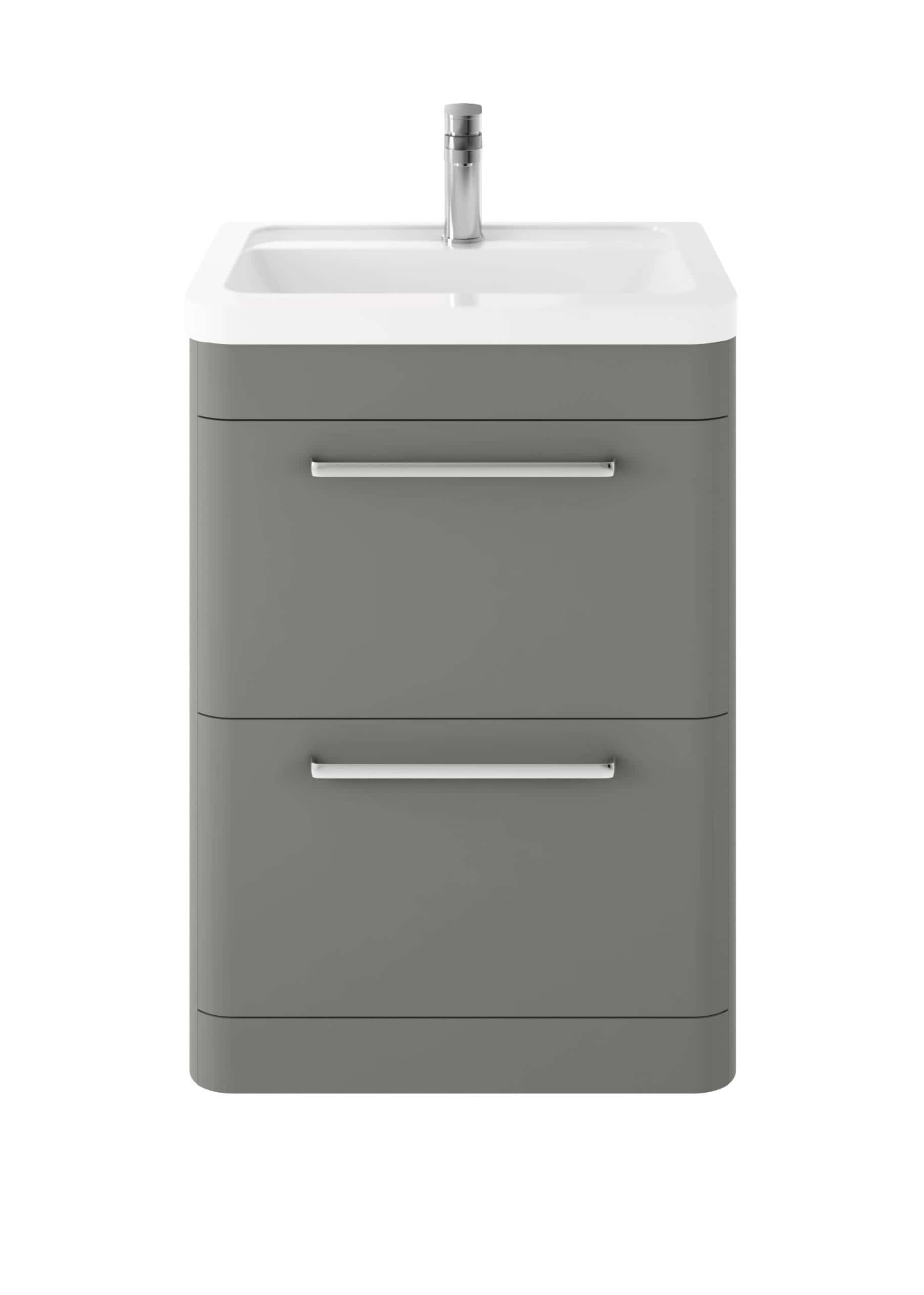 Grey bathroom vanity unit with integrated sink and chrome handles for modern bathroom storage solutions.