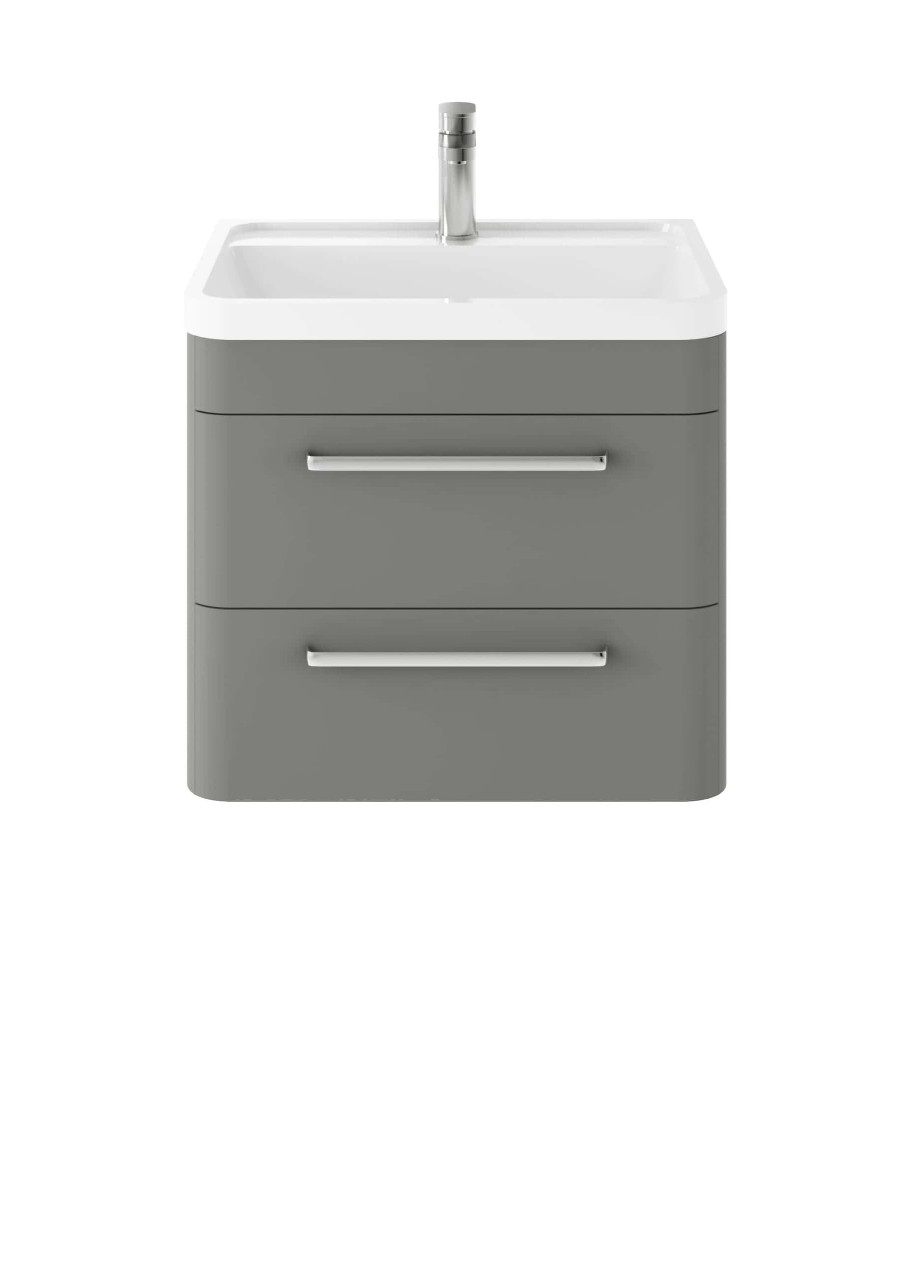 Grey bathroom vanity unit with integrated sink and chrome handles, ideal for modern bathroom storage and organisation. Perfect for contemporary bathroom designs.