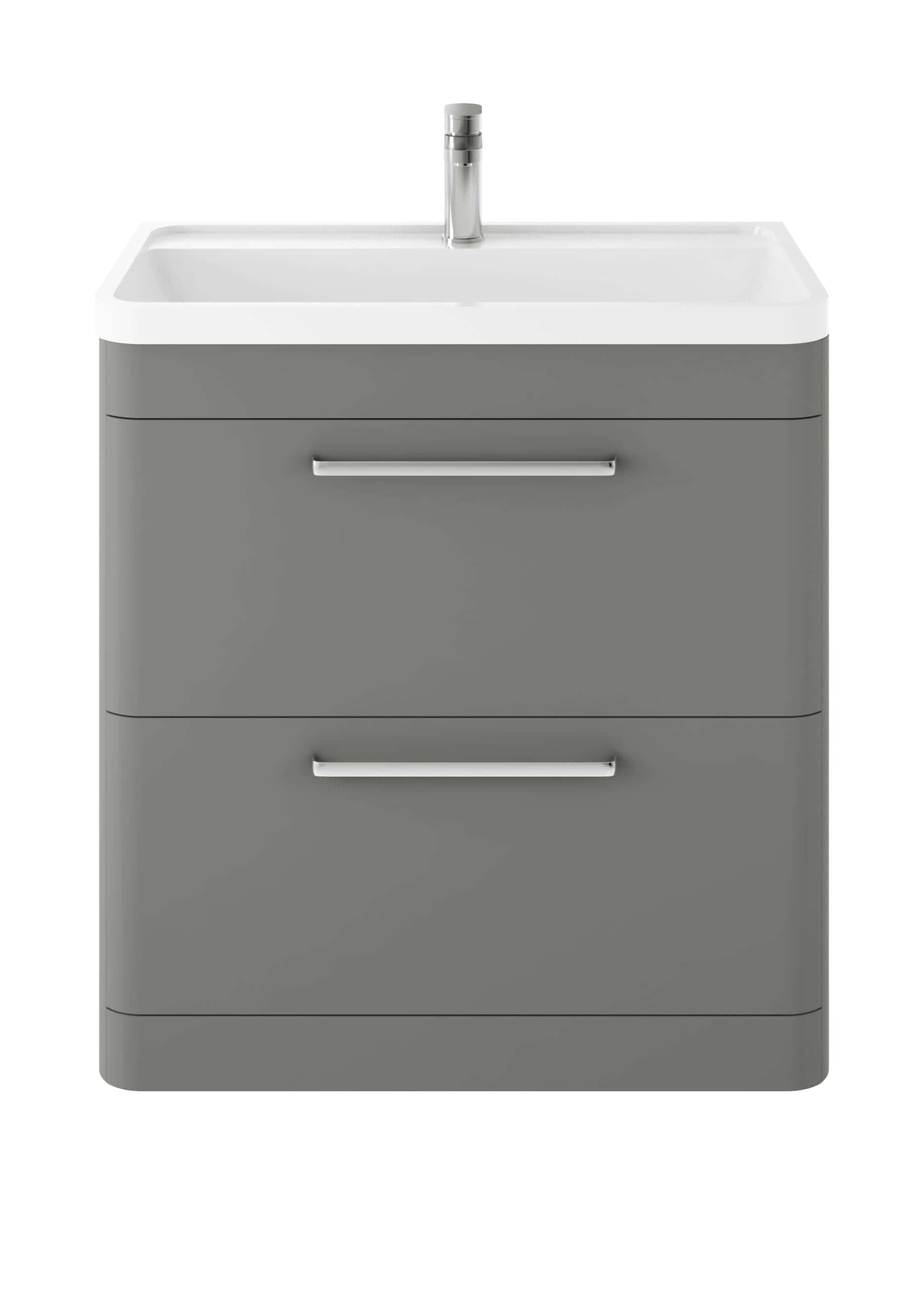 Modern grey bathroom vanity unit with a white ceramic sink and chrome faucet, ideal for contemporary bathroom interiors, provides stylish storage and functional design.