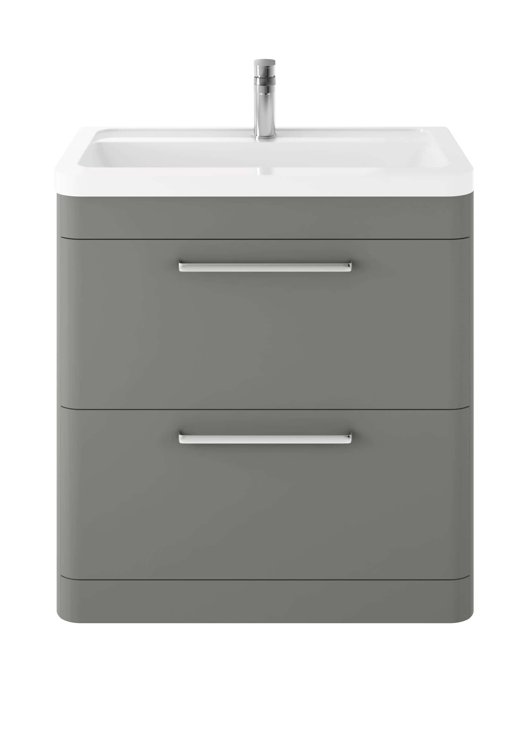 Sleek grey bathroom vanity with integrated sink and chrome handles, ideal for modern bathrooms and bathroom renovations. Durable, stylish, and functional furniture piece.