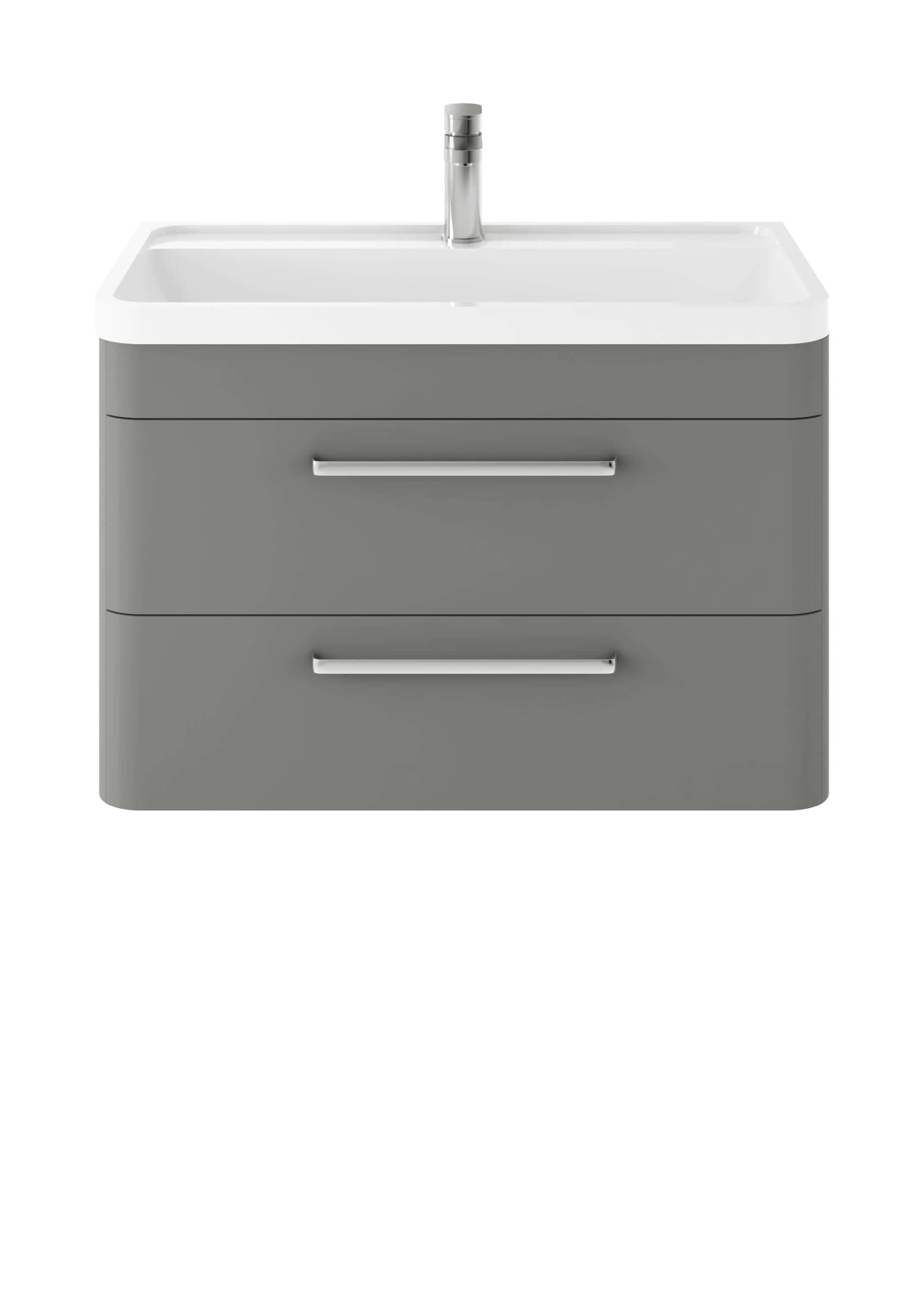 Grey bathroom vanity unit with integrated sink and chrome handles, perfect for modern bathroom decor. Featuring spacious drawers for ample storage and a sleek, minimalist design.