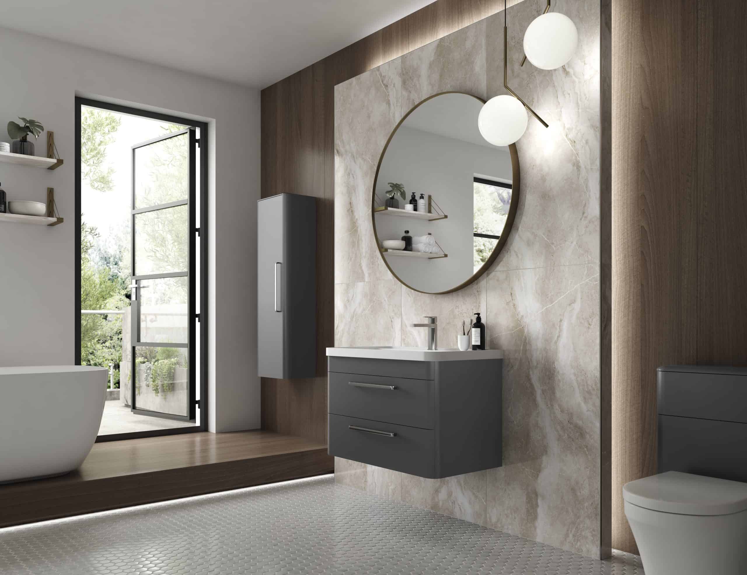 Modern grey bathroom vanity unit with matching mirror and wall-mounted cabinet in contemporary bathroom interior featuring natural light and stylish decor.