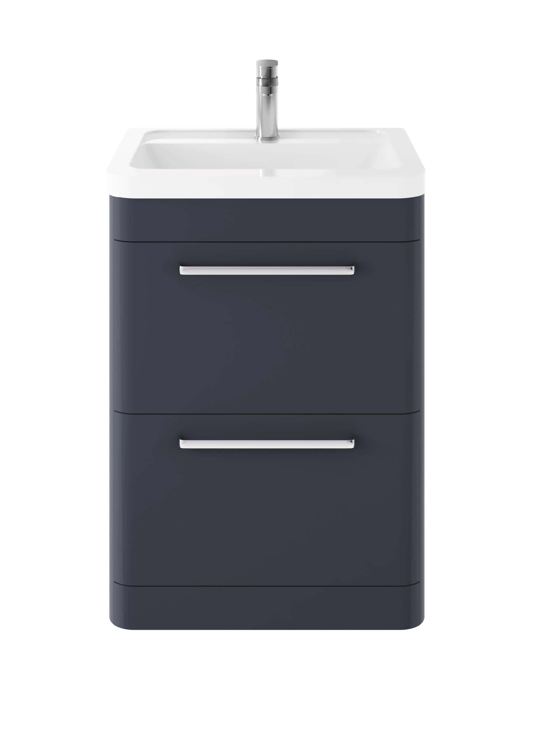 Sleek navy bathroom vanity unit with integrated sink and silver handles, ideal for modern bathroom storage and organisation.