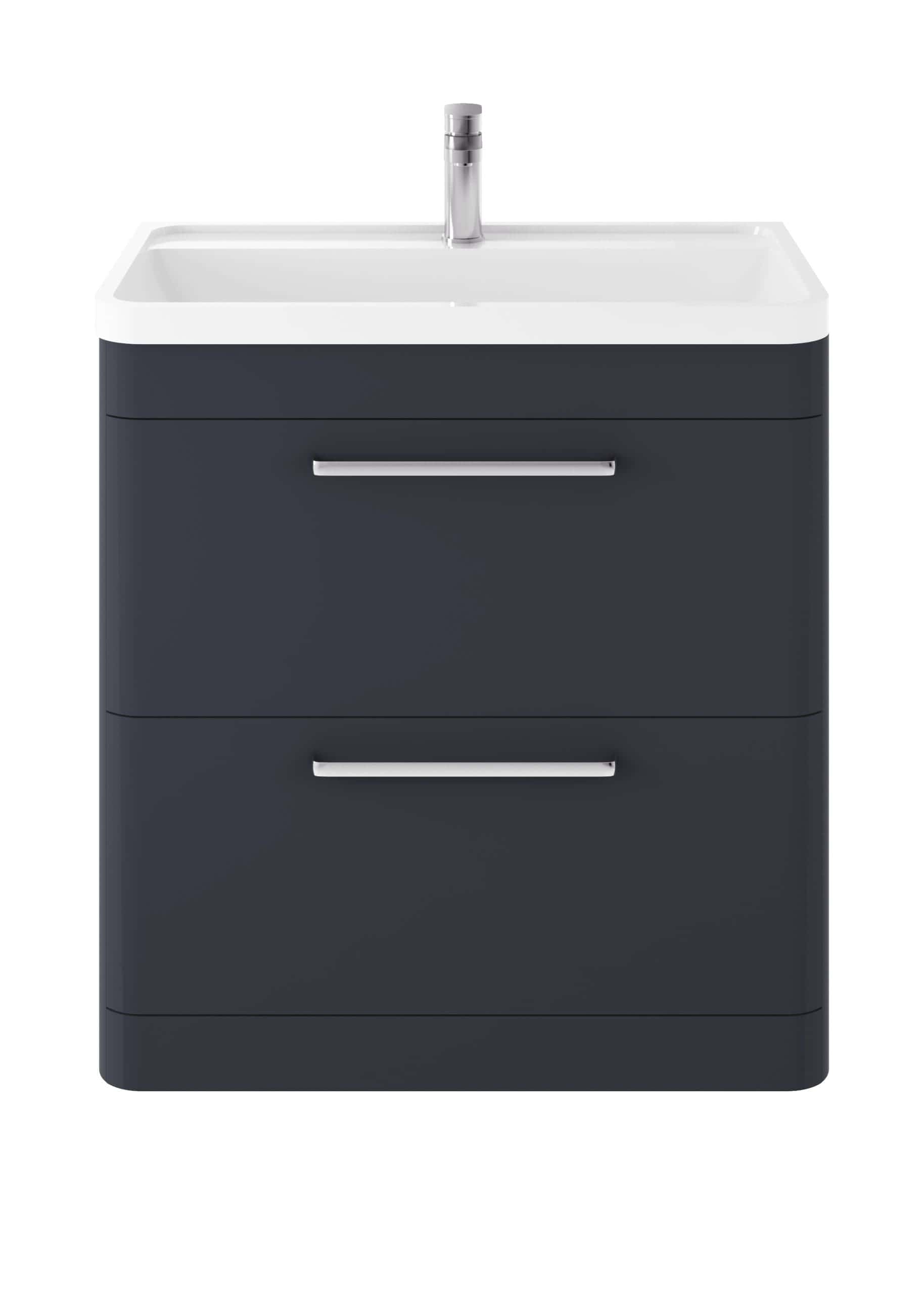 Sleek modern bathroom vanity with a white ceramic sink, chrome faucet, and dark grey cabinetry featuring two spacious drawers, perfect for contemporary bathroom storage and style.