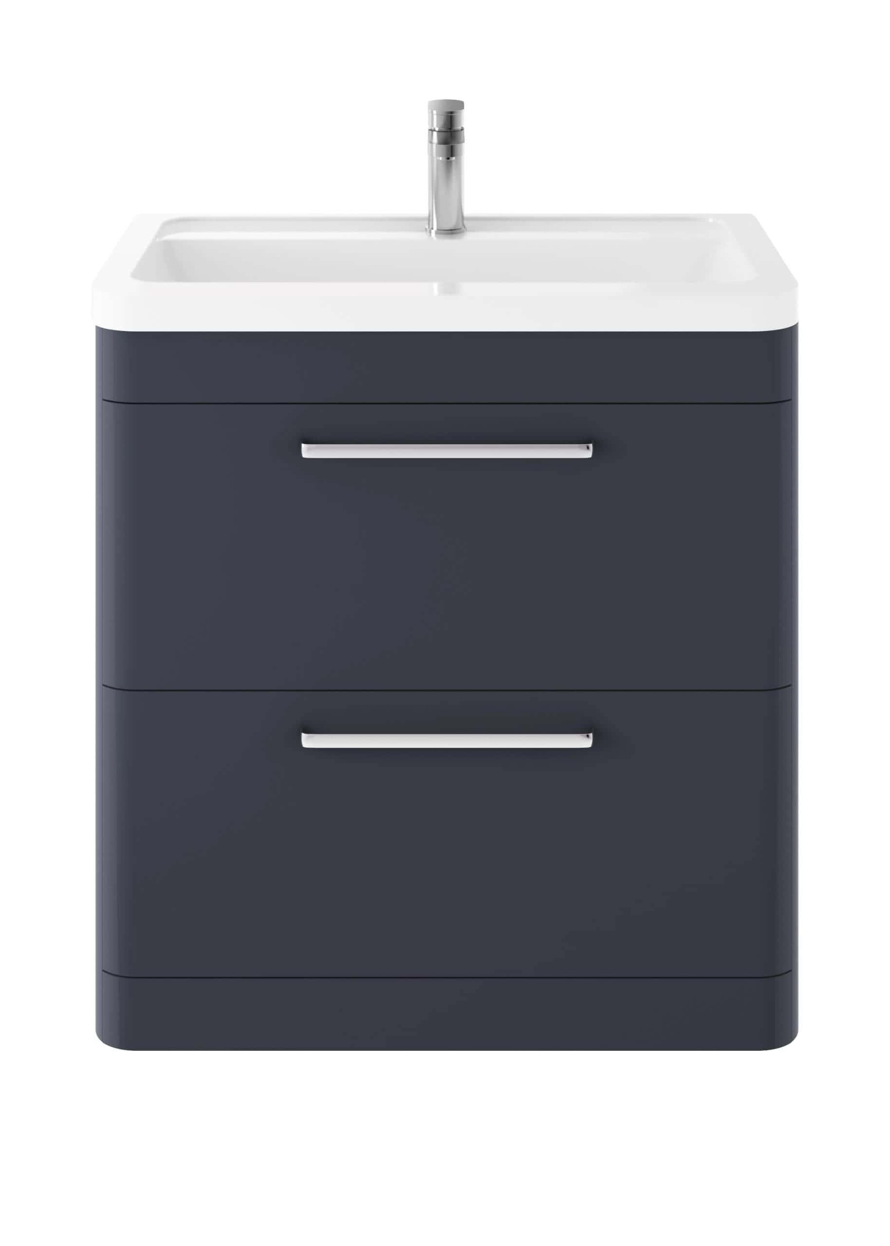 Modern bathroom vanity unit with a white ceramic sink and chrome faucet, dark navy blue drawers, and sleek handles, ideal for contemporary bathroom designs.