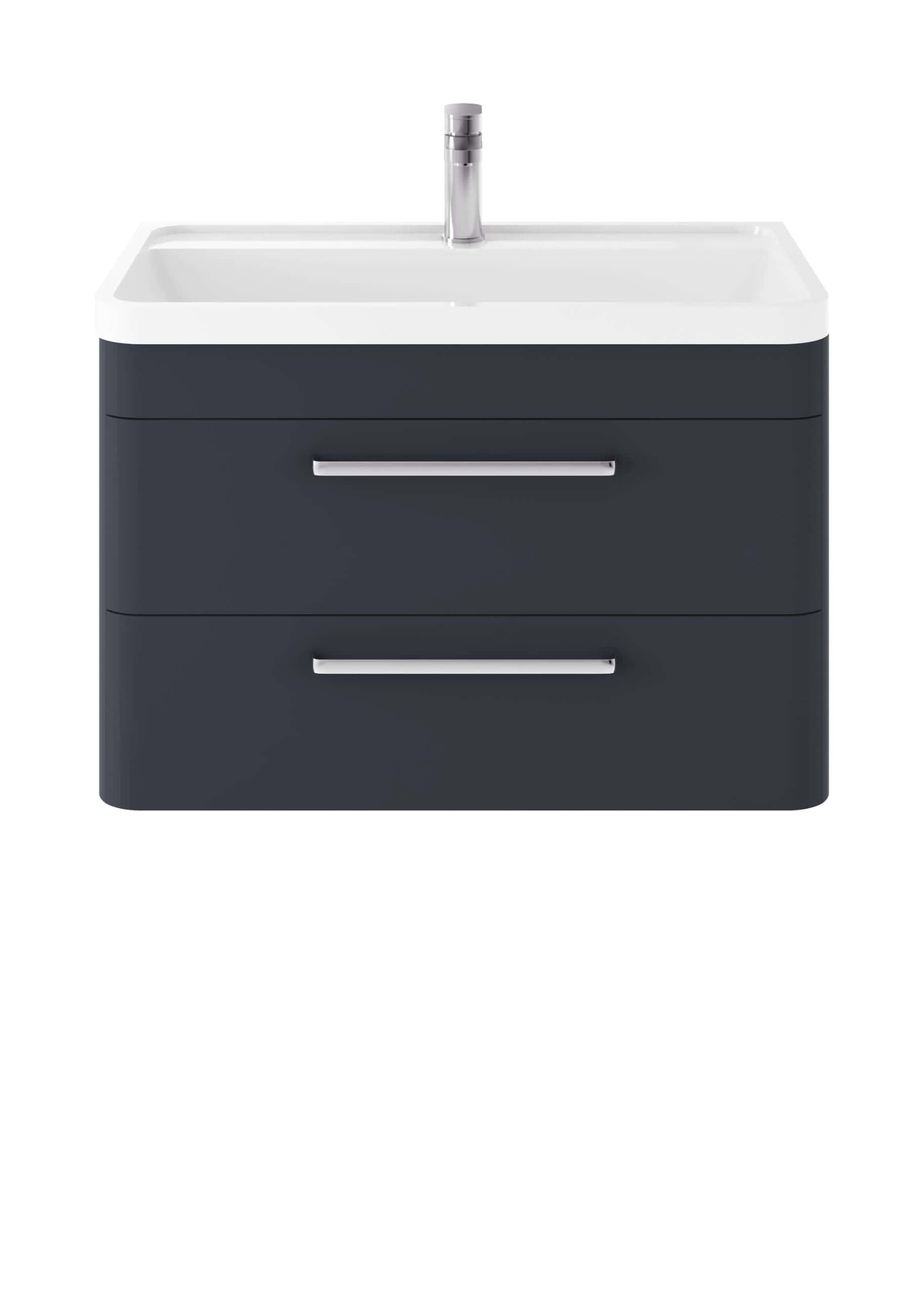 White bathroom vanity with dark grey drawers and chrome handles, featuring integrated sink and modern design. Ideal for contemporary bathrooms looking for stylish storage solutions.