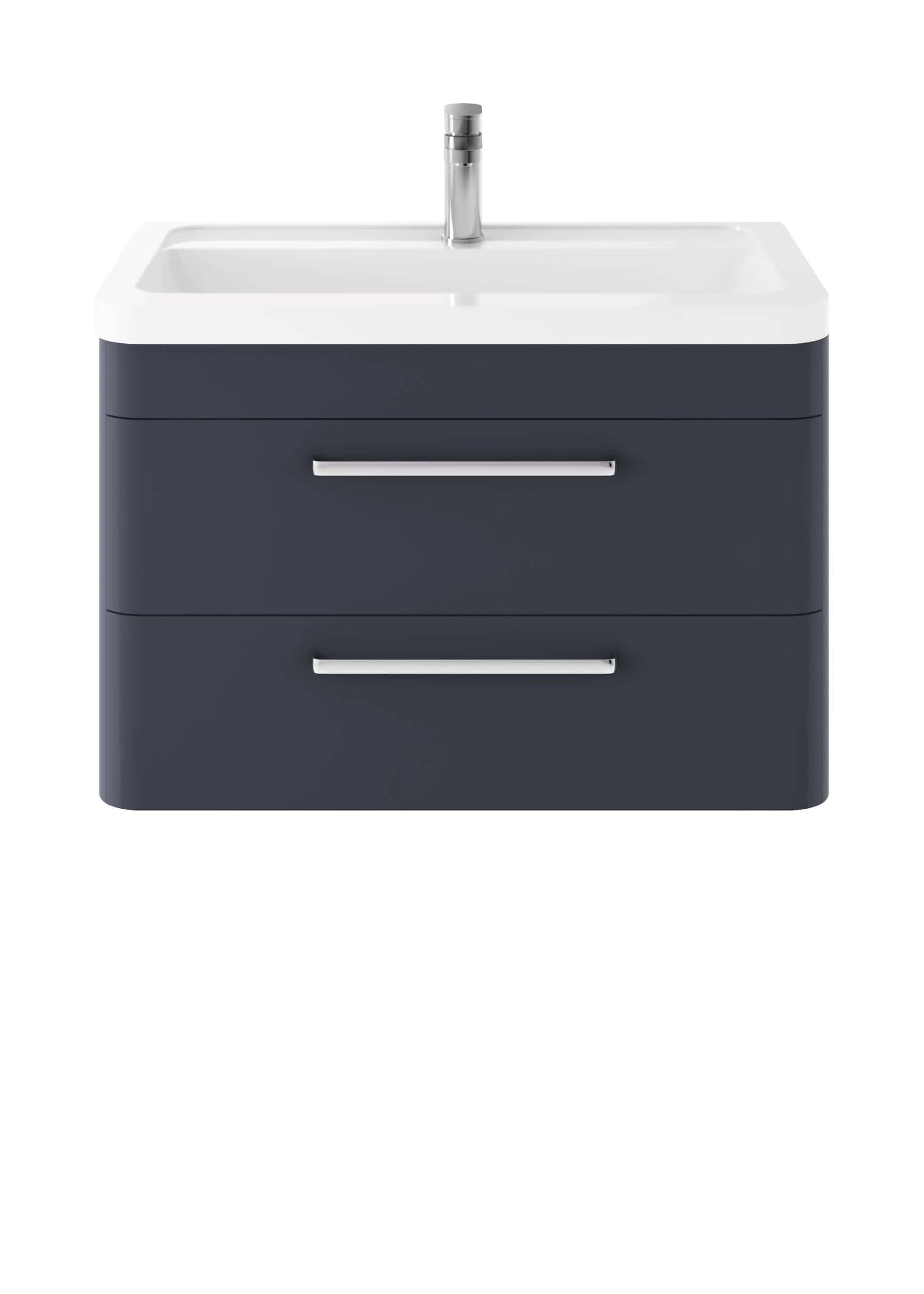 Grey bathroom vanity unit with integrated sink and chrome handles, ideal for modern bathroom designs. Perfect storage solution for bathroom essentials, combining functionality and style.