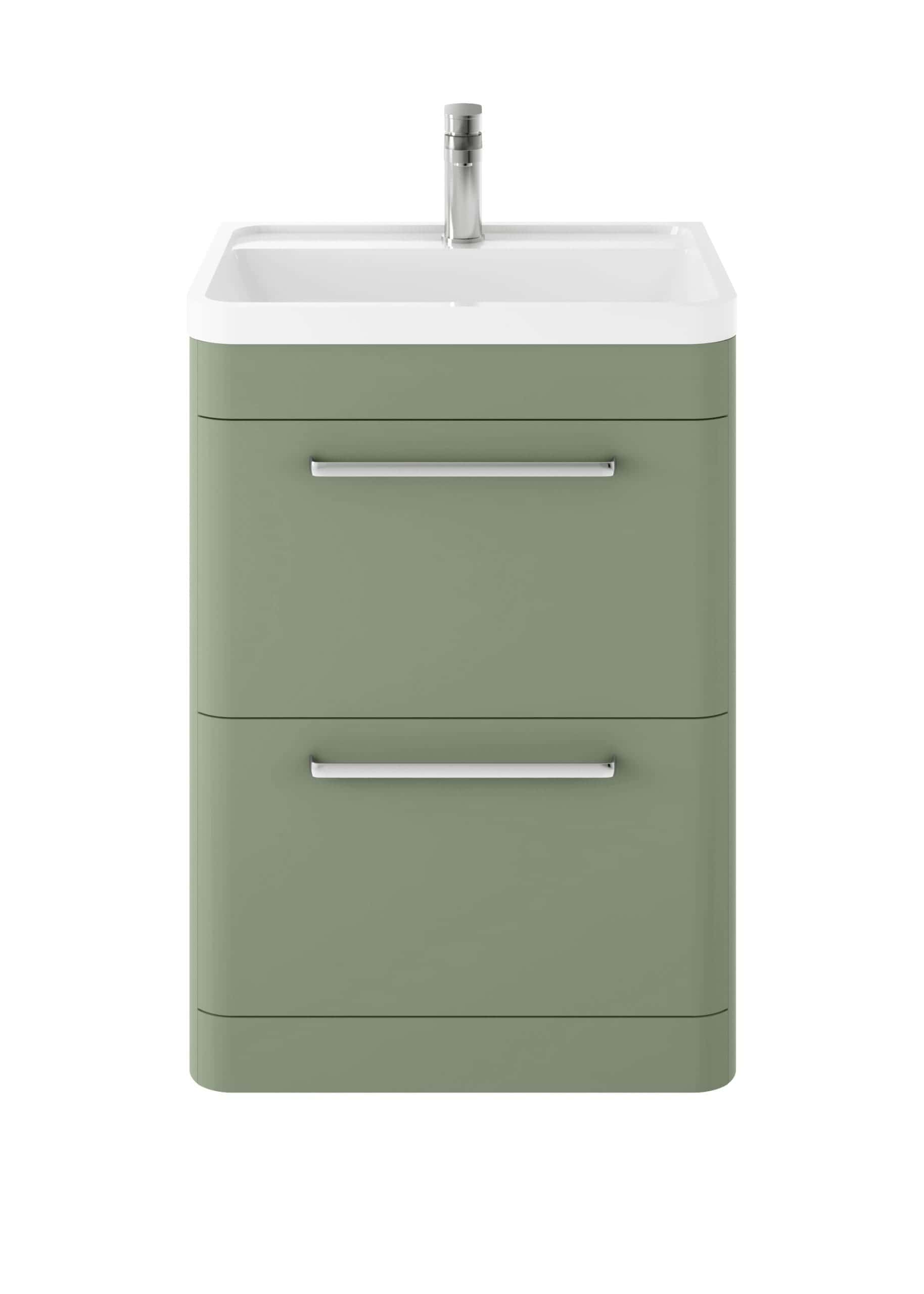 Modern green bathroom vanity cabinet with integrated sink and chrome handles, ideal for contemporary bathroom designs. Perfect for storage and aesthetic appeal in bathroom remodels.