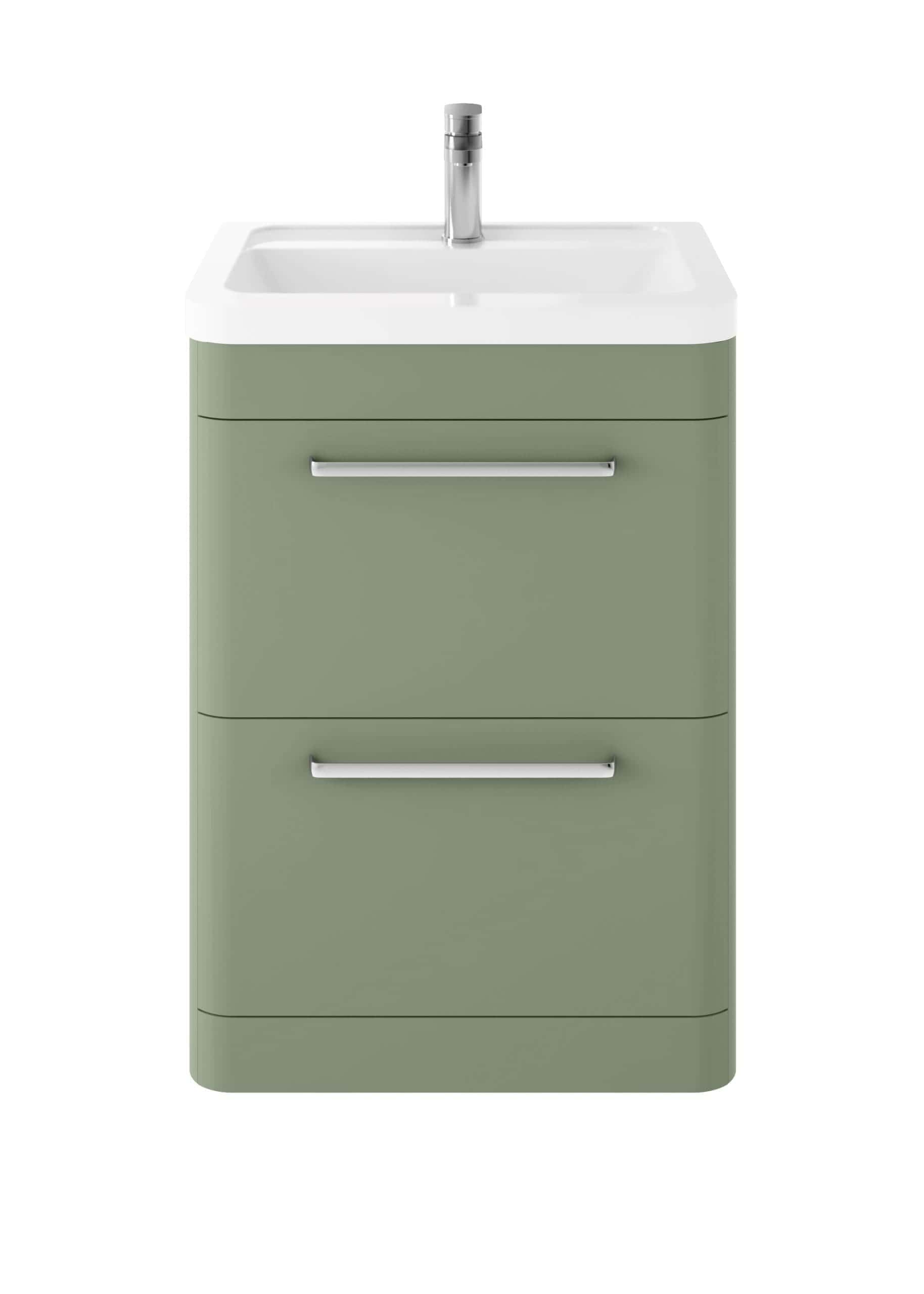 Contemporary green bathroom vanity unit with integrated sink and chrome handles, ideal for modern bathroom decor.
