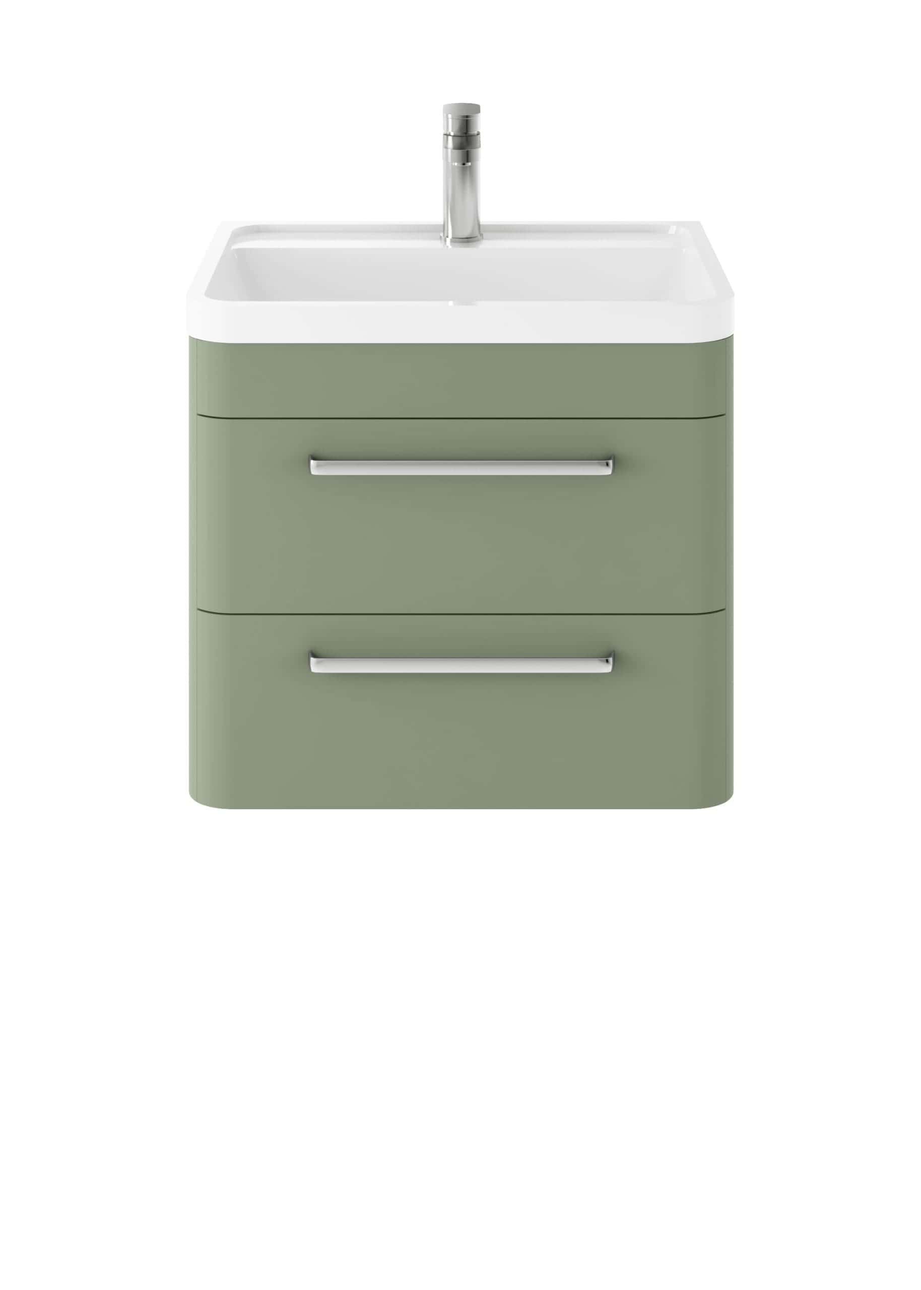Green bathroom vanity with integrated sink and chrome handles, stylish storage solution for modern bathrooms.