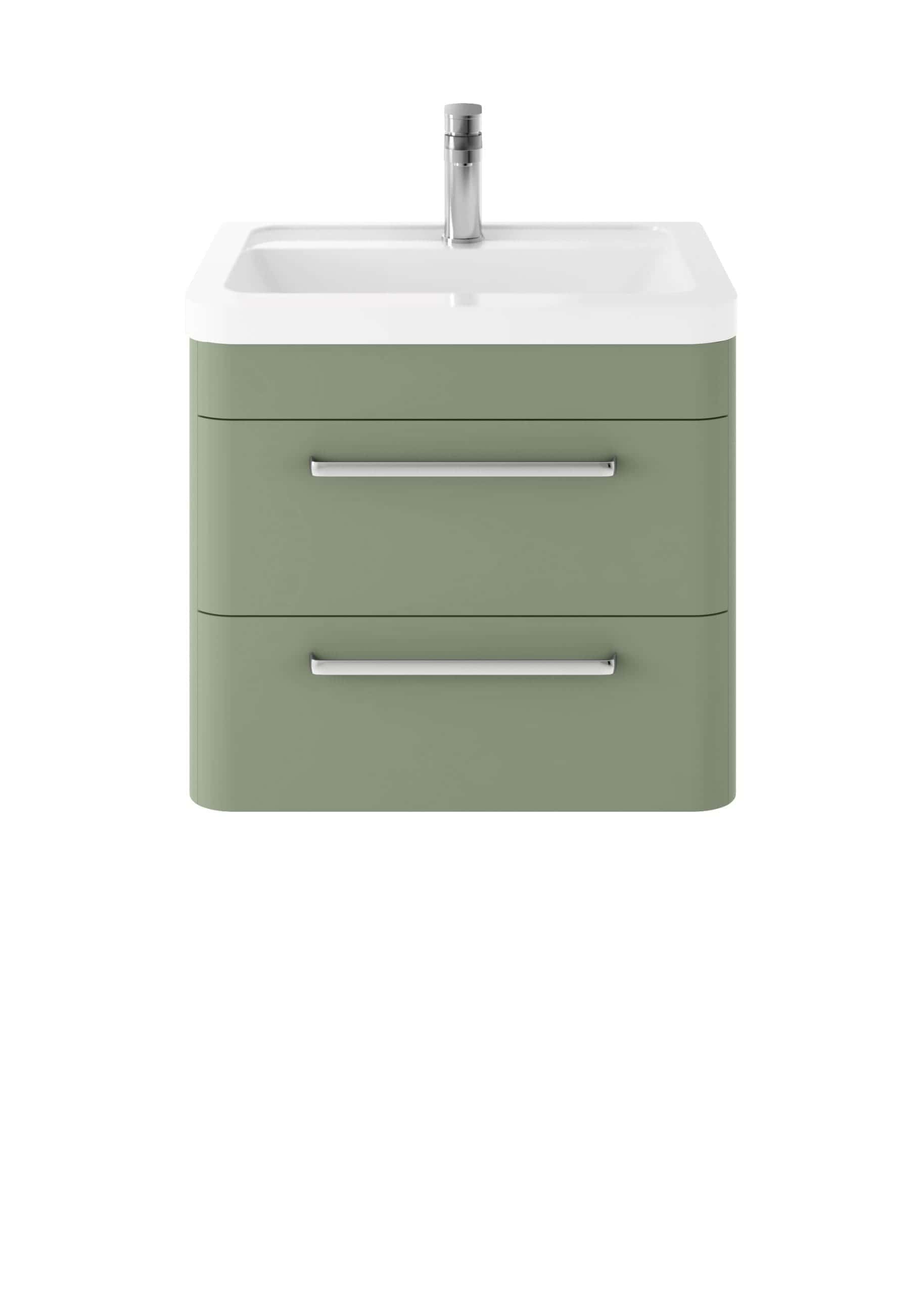 White and green bathroom vanity with ceramic sink and chrome handles.
