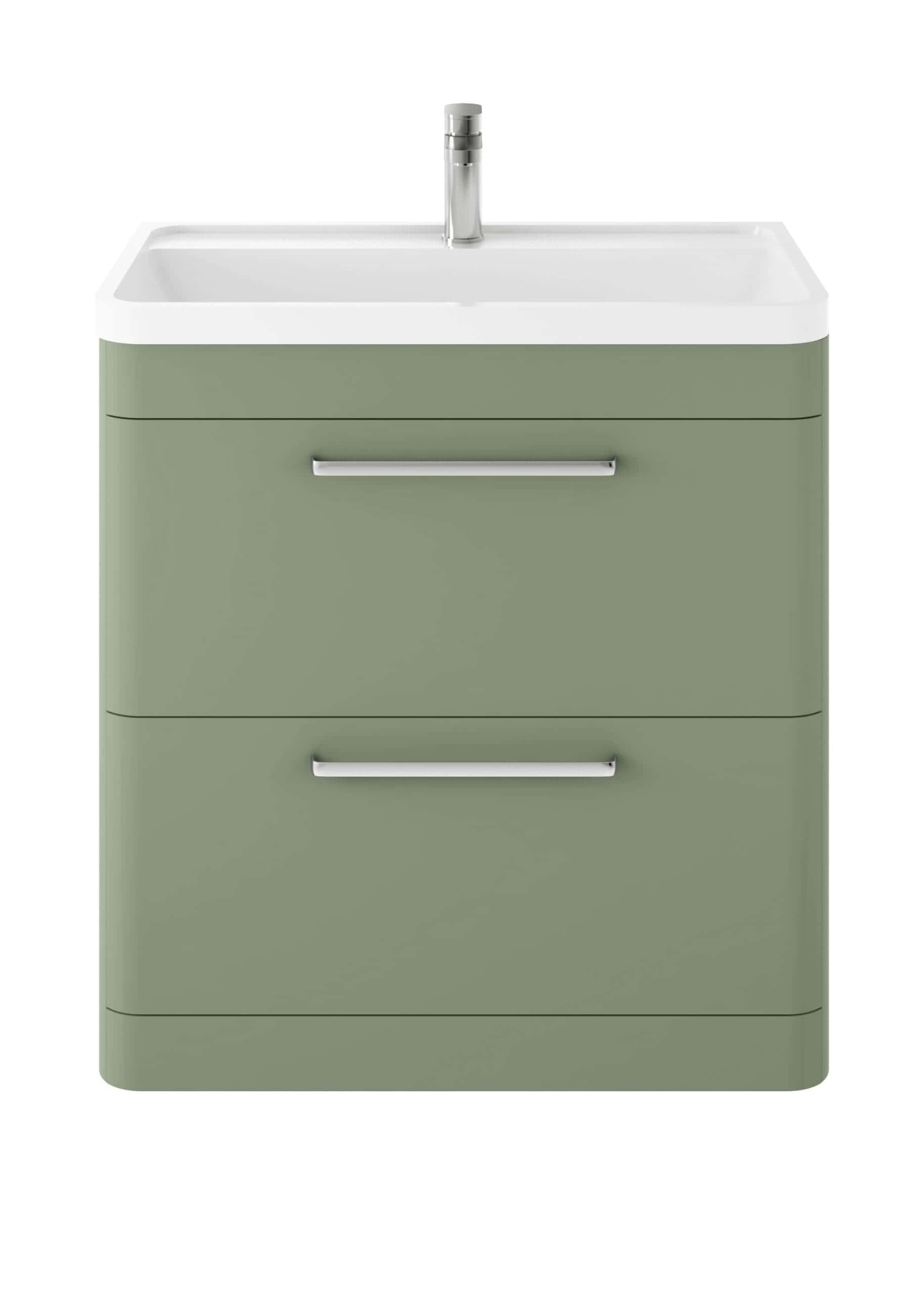Sleek green bathroom vanity with a built-in ceramic sink and chrome handles, ideal for modern bathroom designs. Perfect for storing toiletries and enhancing your bathroom's aesthetic.